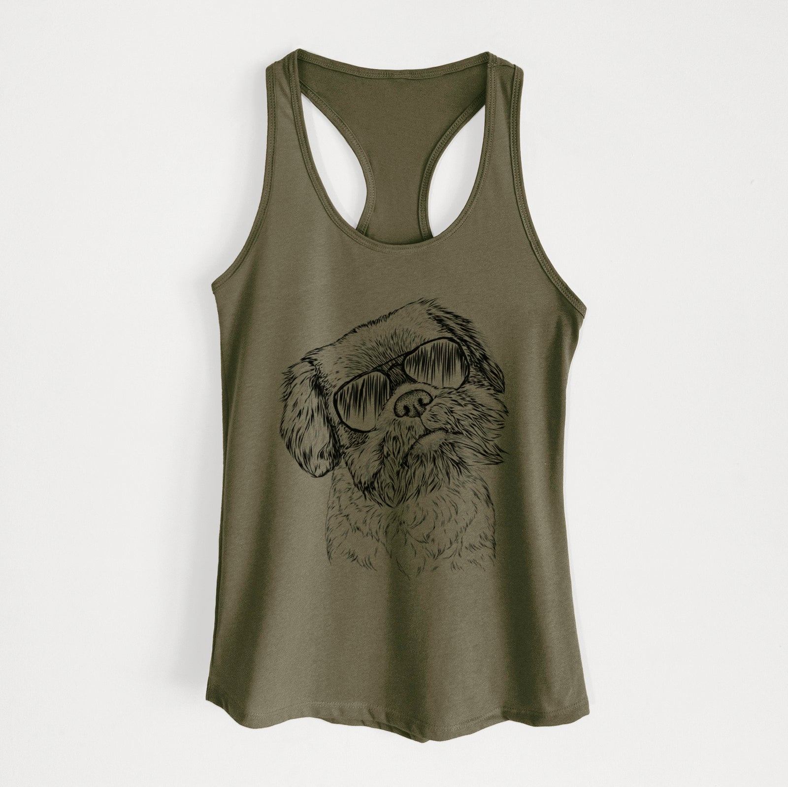 Hand-drawn sketch of Rufus the Shiffon wearing aviator sunglasses on a Military Green Women's racerback tanktop