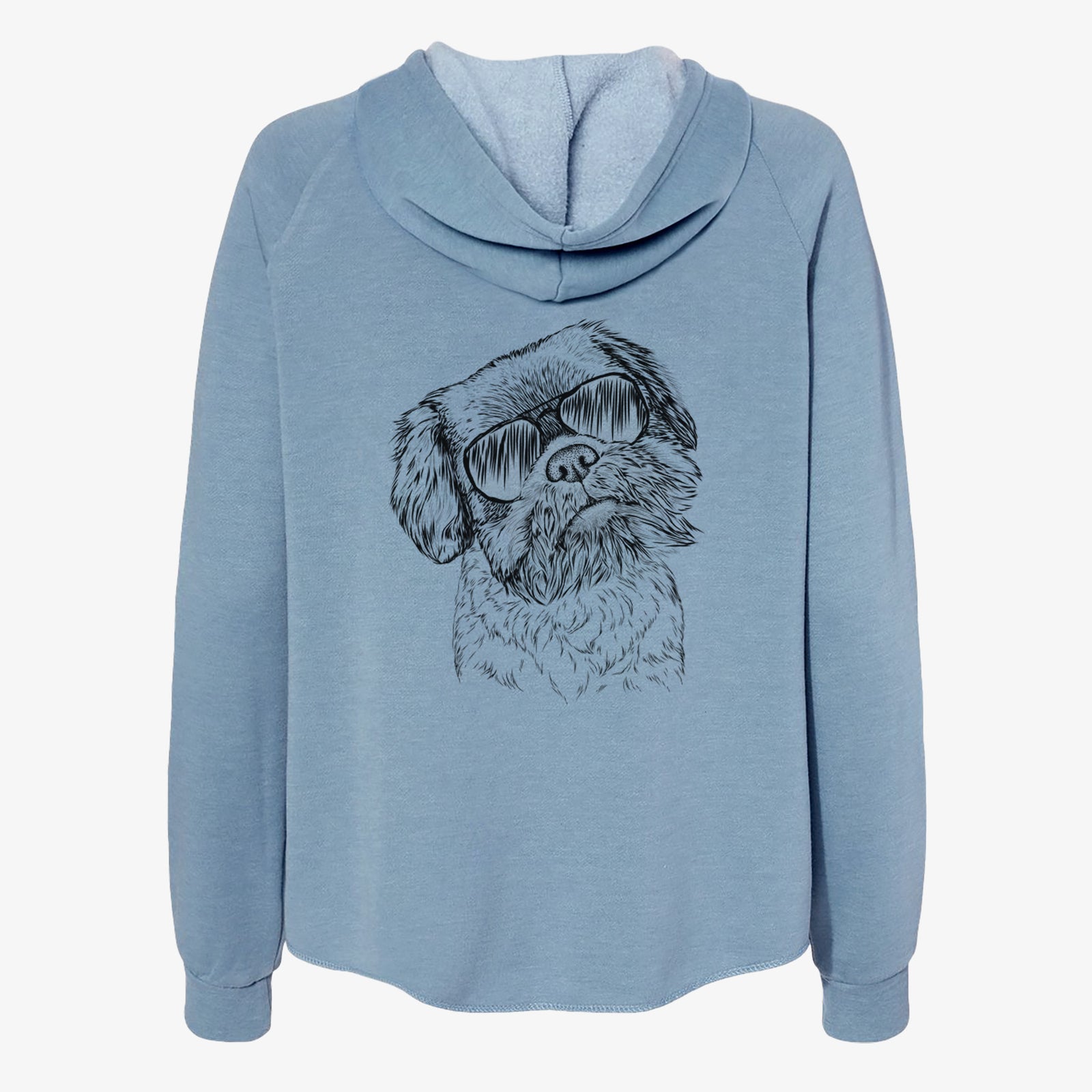 Hand-drawn sketch of Rufus the Shiffon wearing aviator sunglasses on a Misty Blue Women's cali wave zip-up sweatshirt