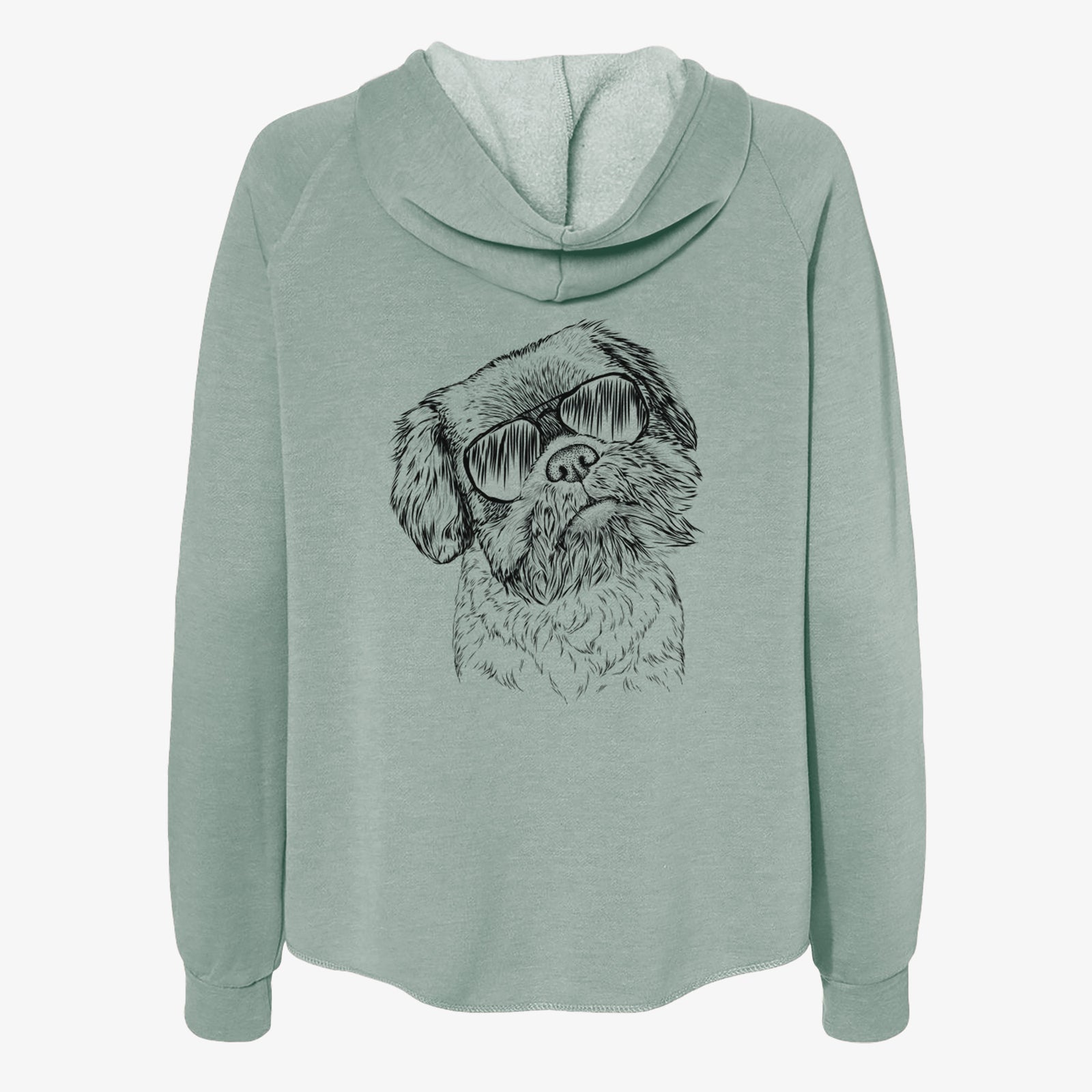 Hand-drawn sketch of Rufus the Shiffon wearing aviator sunglasses on a Sage Women's cali wave zip-up sweatshirt