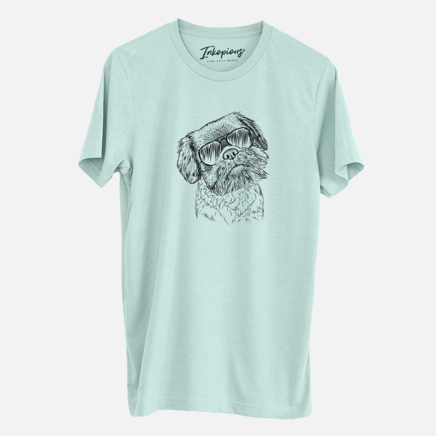 Hand-drawn sketch of Rufus the Shiffon wearing aviator sunglasses on a Heather Sage Unisex crewneck
