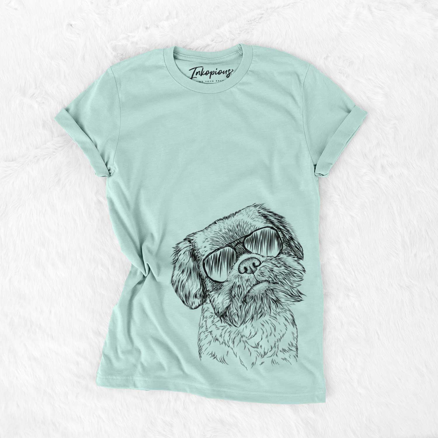Hand-drawn sketch of Rufus the Shiffon wearing aviator sunglasses on a Heather Sage Unisex crewneck