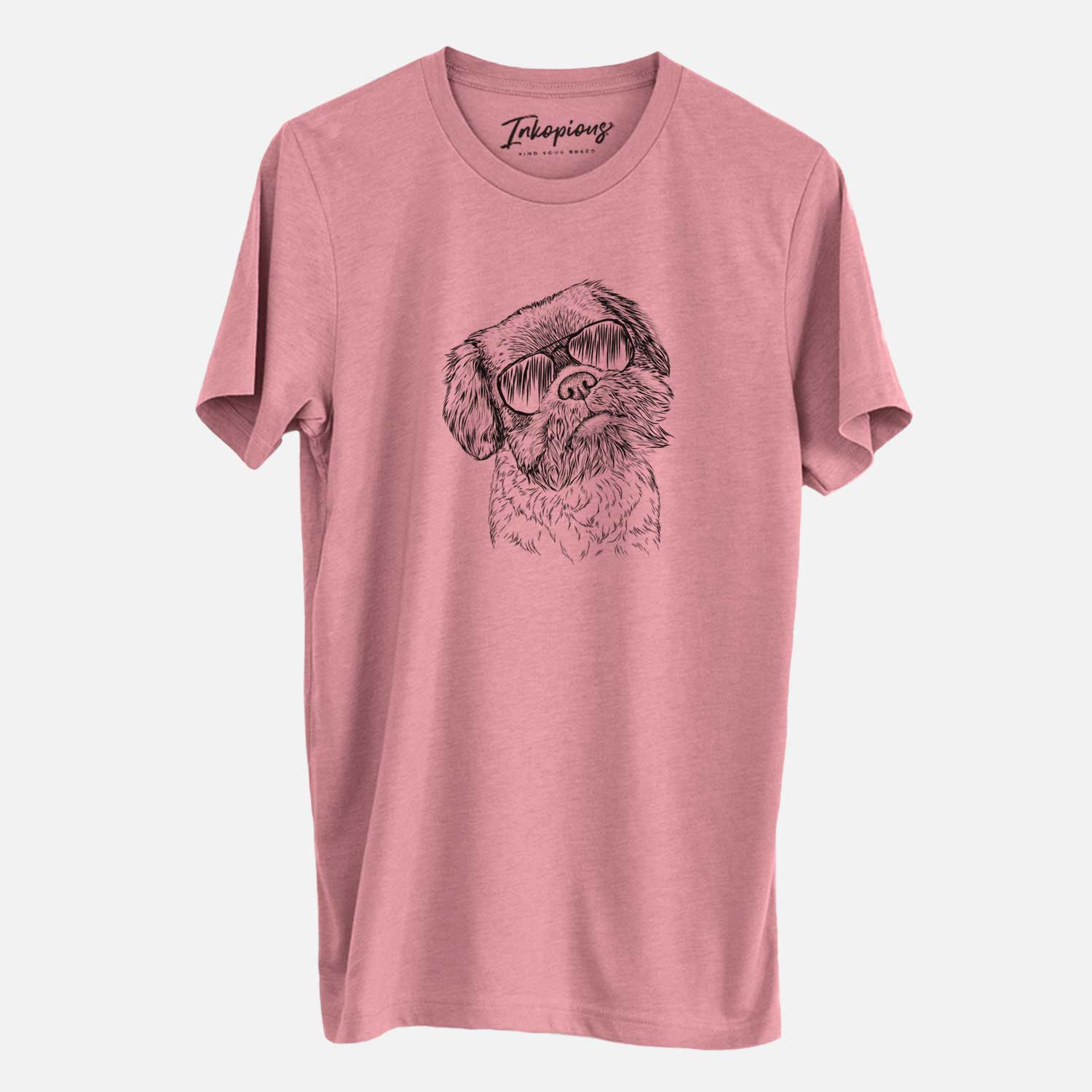 Hand-drawn sketch of Rufus the Shiffon wearing aviator sunglasses on a Mauve Unisex crewneck
