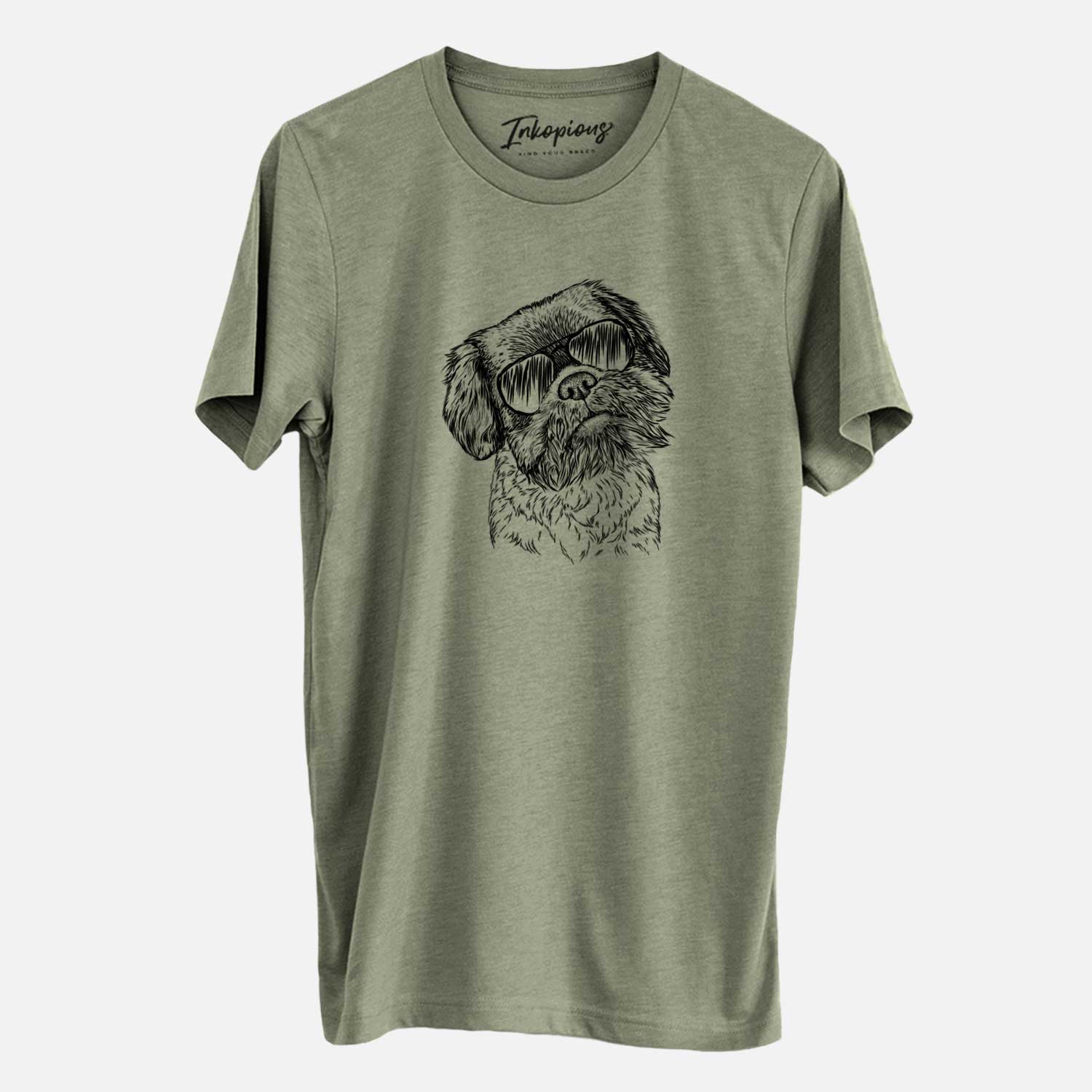 Hand-drawn sketch of Rufus the Shiffon wearing aviator sunglasses on an Olive Unisex crewneck