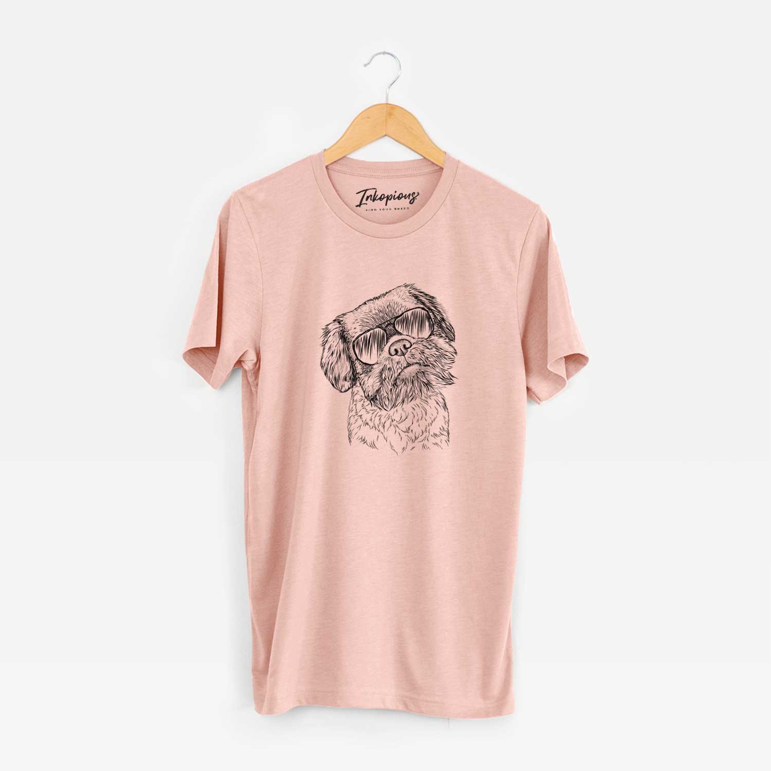 Hand-drawn sketch of Rufus the Shiffon wearing aviator sunglasses on a Peach Unisex crewneck