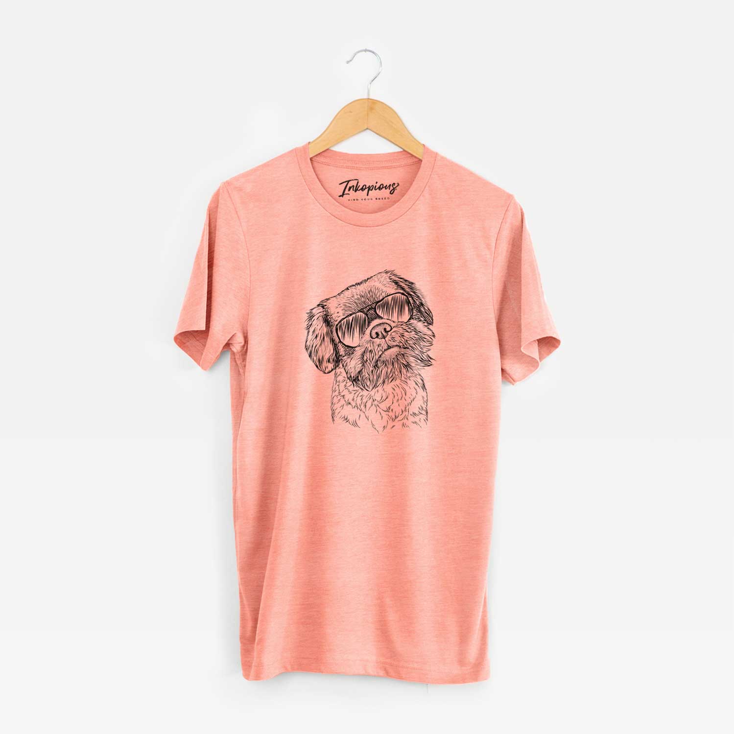 Hand-drawn sketch of Rufus the Shiffon wearing aviator sunglasses on a Sunset Unisex crewneck