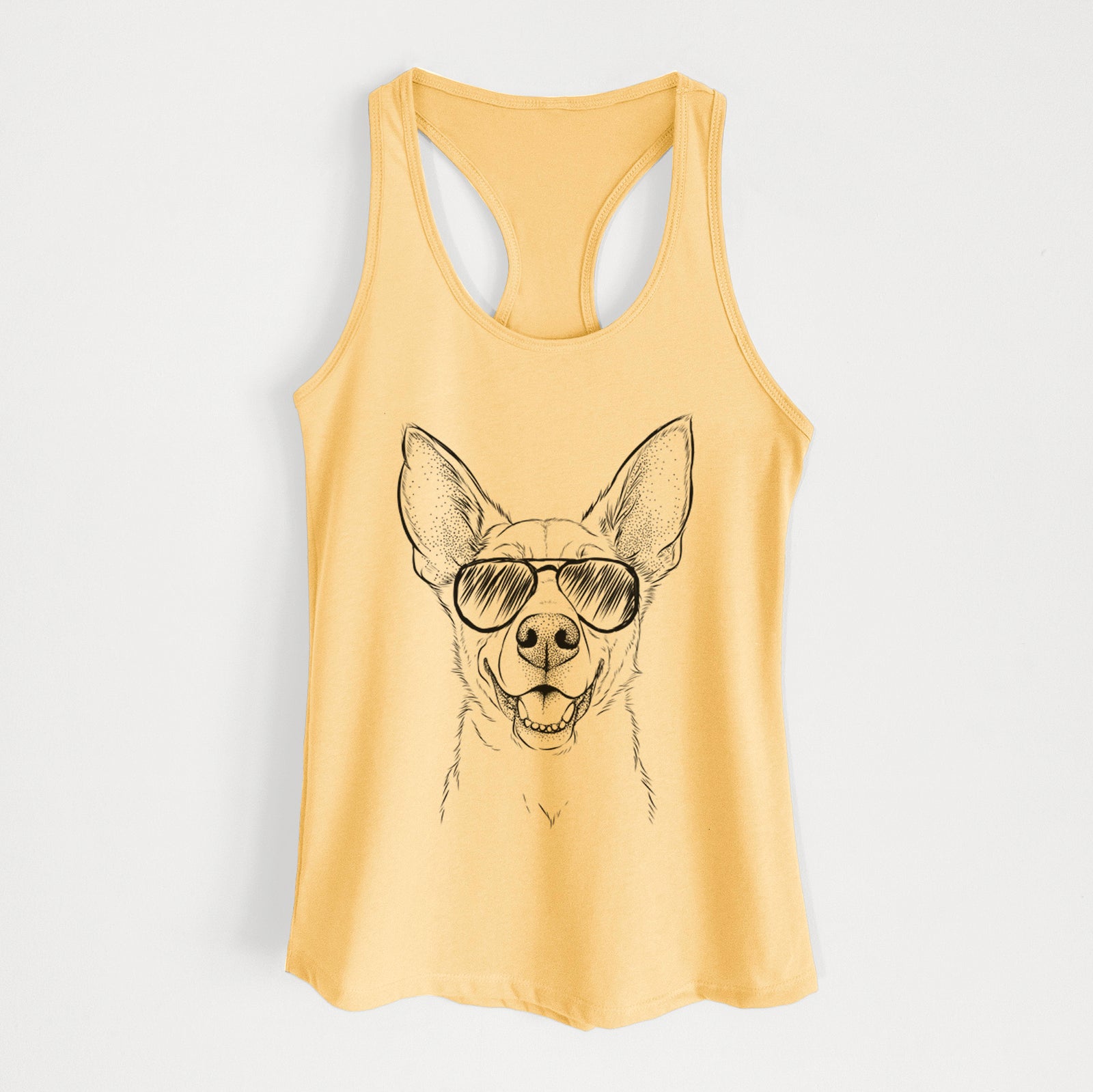 Hand-drawn sketch of Rumley the Kelpie Mix wearing aviator sunglasses on a Banana Cream Women's racerback tanktop