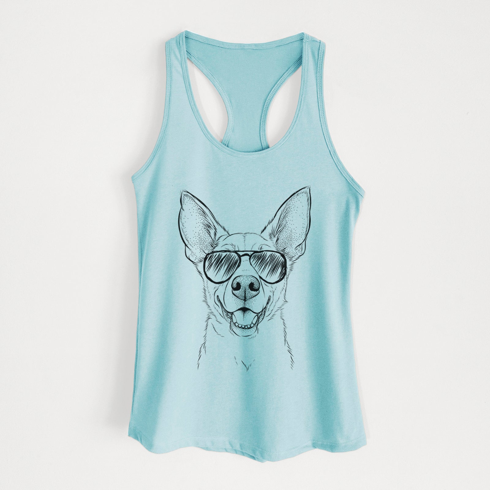 Hand-drawn sketch of Rumley the Kelpie Mix wearing aviator sunglasses on a Cancun Blue Women's racerback tanktop