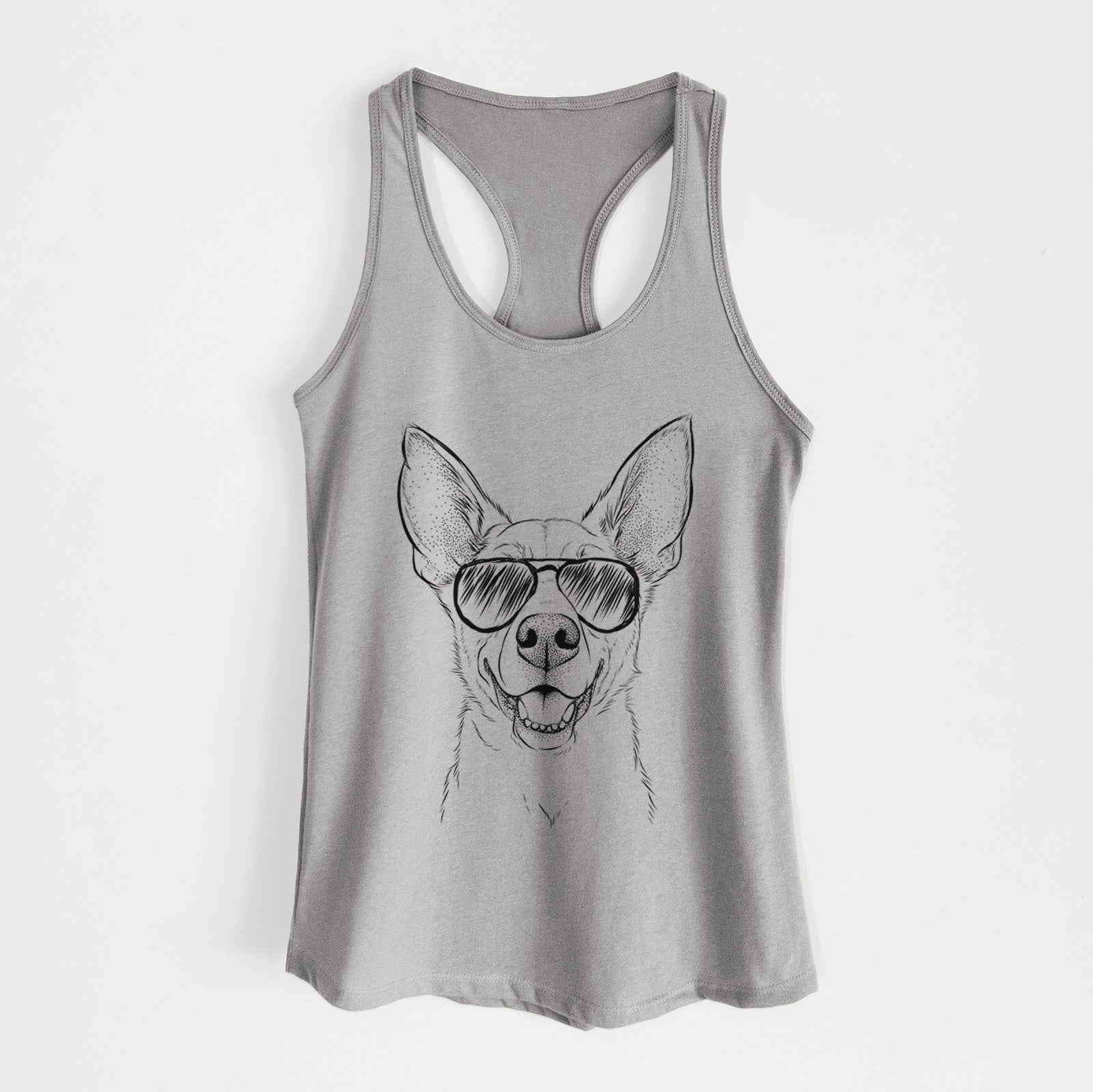 Hand-drawn sketch of Rumley the Kelpie Mix wearing aviator sunglasses on a Heather Grey Women's racerback tanktop