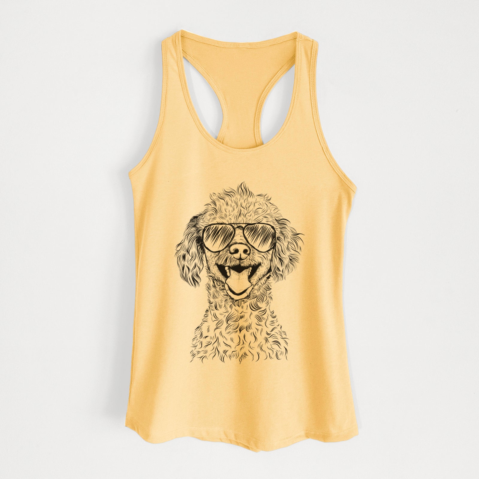 Hand-drawn sketch of Rusty the Toy Poodle wearing aviator sunglasses on a Banana Cream Women's racerback tanktop
