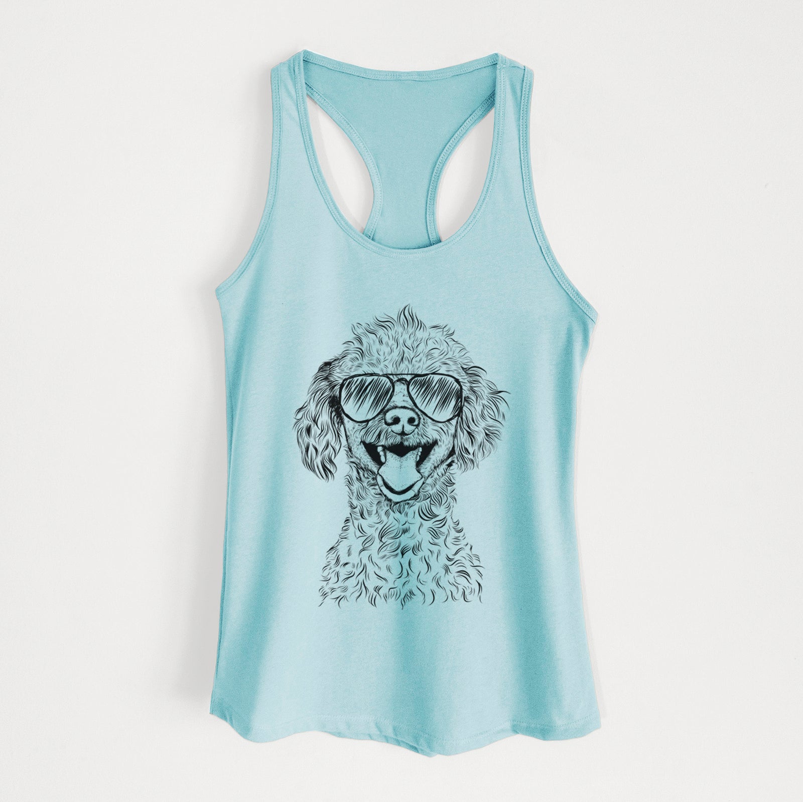 Hand-drawn sketch of Rusty the Toy Poodle wearing aviator sunglasses on a Cancun Blue Women's racerback tanktop
