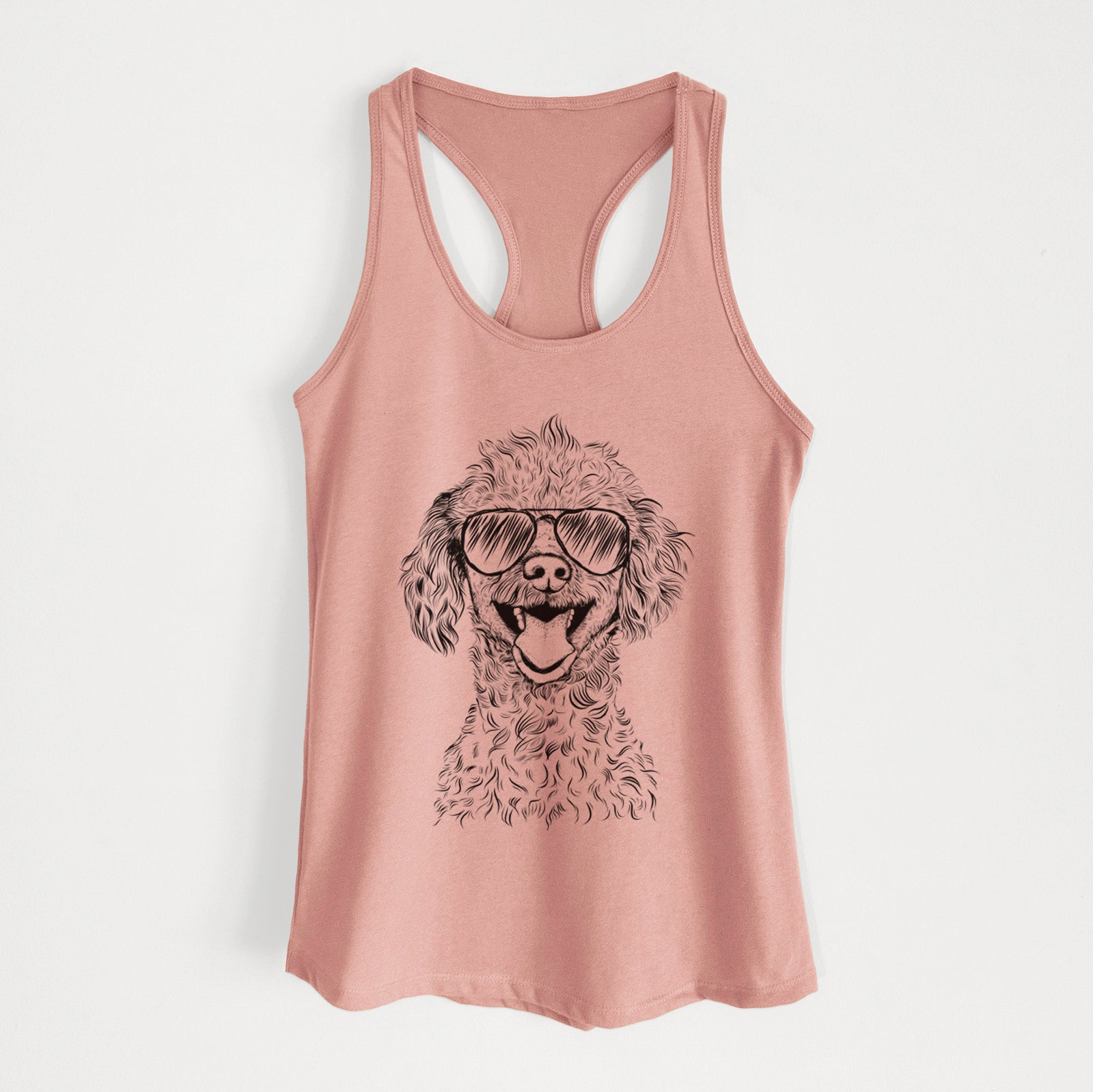 Hand-drawn sketch of Rusty the Toy Poodle wearing aviator sunglasses on a Desert Pink Women's racerback tanktop