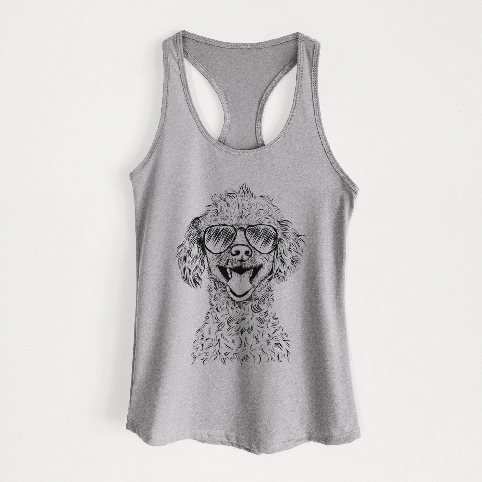Hand-drawn sketch of Rusty the Toy Poodle wearing aviator sunglasses on a Heather Grey Women's racerback tanktop