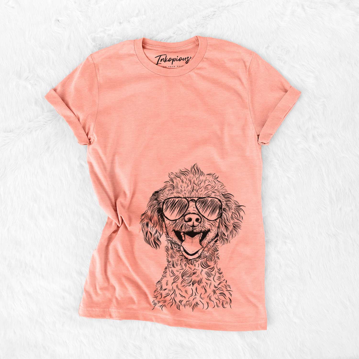 Hand-drawn sketch of Rusty the Toy Poodle wearing aviator sunglasses on a Sunset Bella Canvas Unisex Crewneck