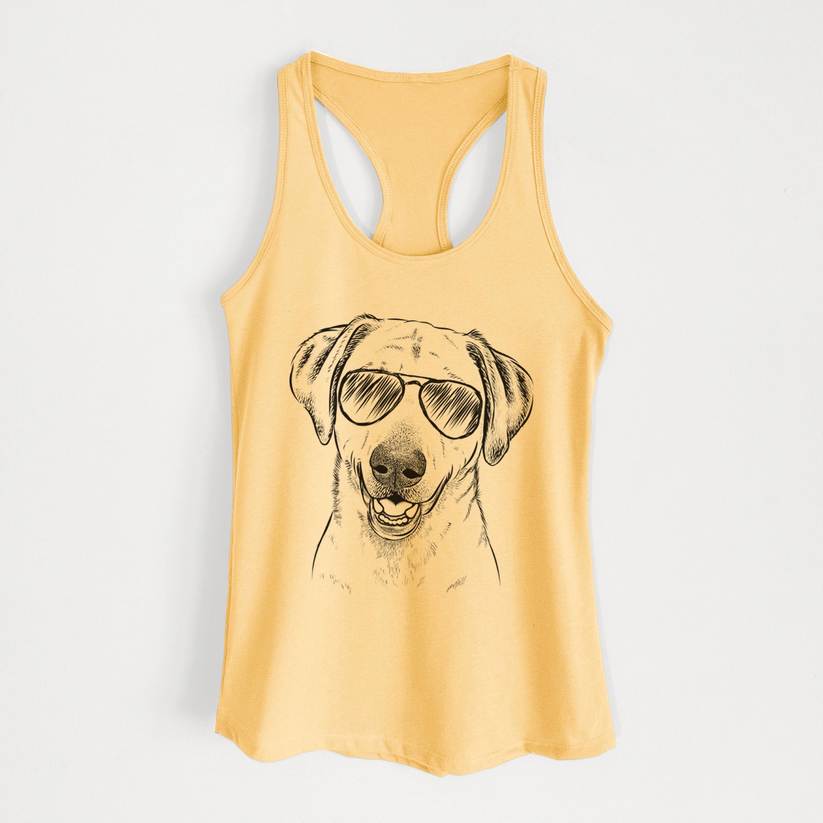 Hand-drawn sketch of Rusty the Labrador Retriever wearing aviator sunglasses on a Banana Cream Women's racerback tanktop