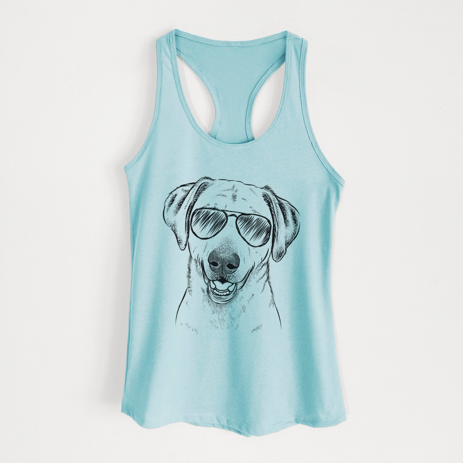 Hand-drawn sketch of Rusty the Labrador Retriever wearing aviator sunglasses on a Cancun Blue Women's racerback tanktop