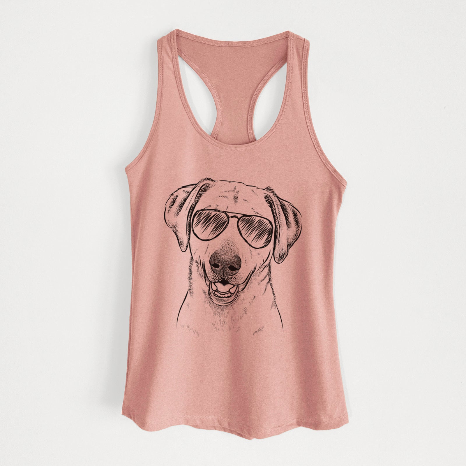 Hand-drawn sketch of Rusty the Labrador Retriever wearing aviator sunglasses on a Desert Pink Women's racerback tanktop