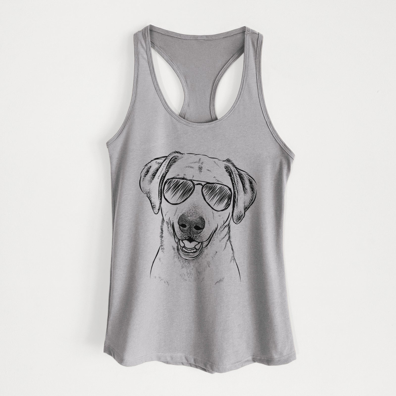 Hand-drawn sketch of Rusty the Labrador Retriever wearing aviator sunglasses on a Heather Grey Women's racerback tanktop