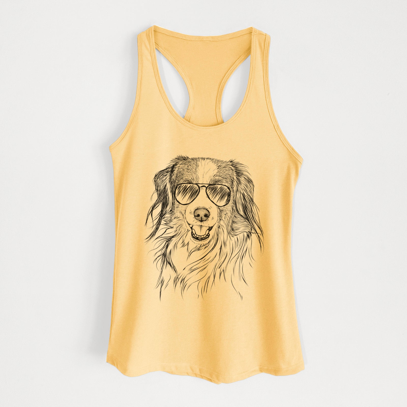 Hand-drawn sketch of Rutger the Nederlandse Kooikerhondje wearing aviator sunglasses on a Banana Cream Women's racerback tanktop