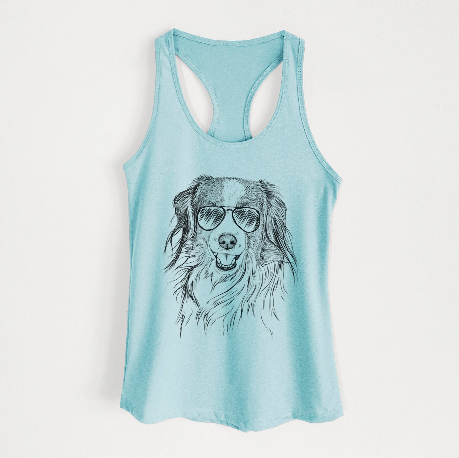 Hand-drawn sketch of Rutger the Nederlandse Kooikerhondje wearing aviator sunglasses on a Cancun Blue Women's racerback tanktop