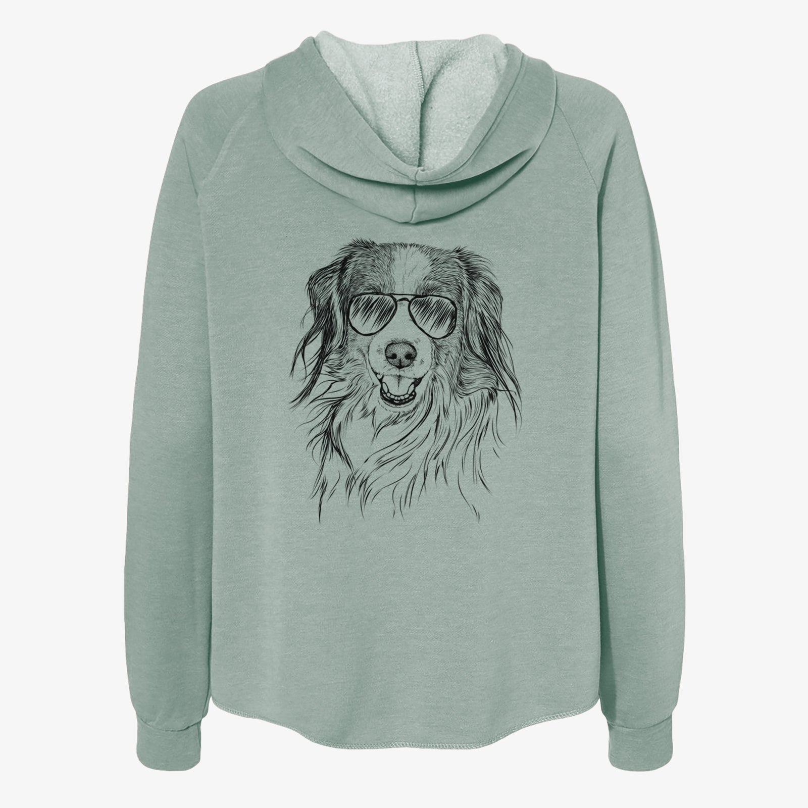 Hand-drawn sketch of Rutger the Nederlandse Kooikerhondje wearing aviator sunglasses on a Sage Women's cali wave zip-up sweatshirt