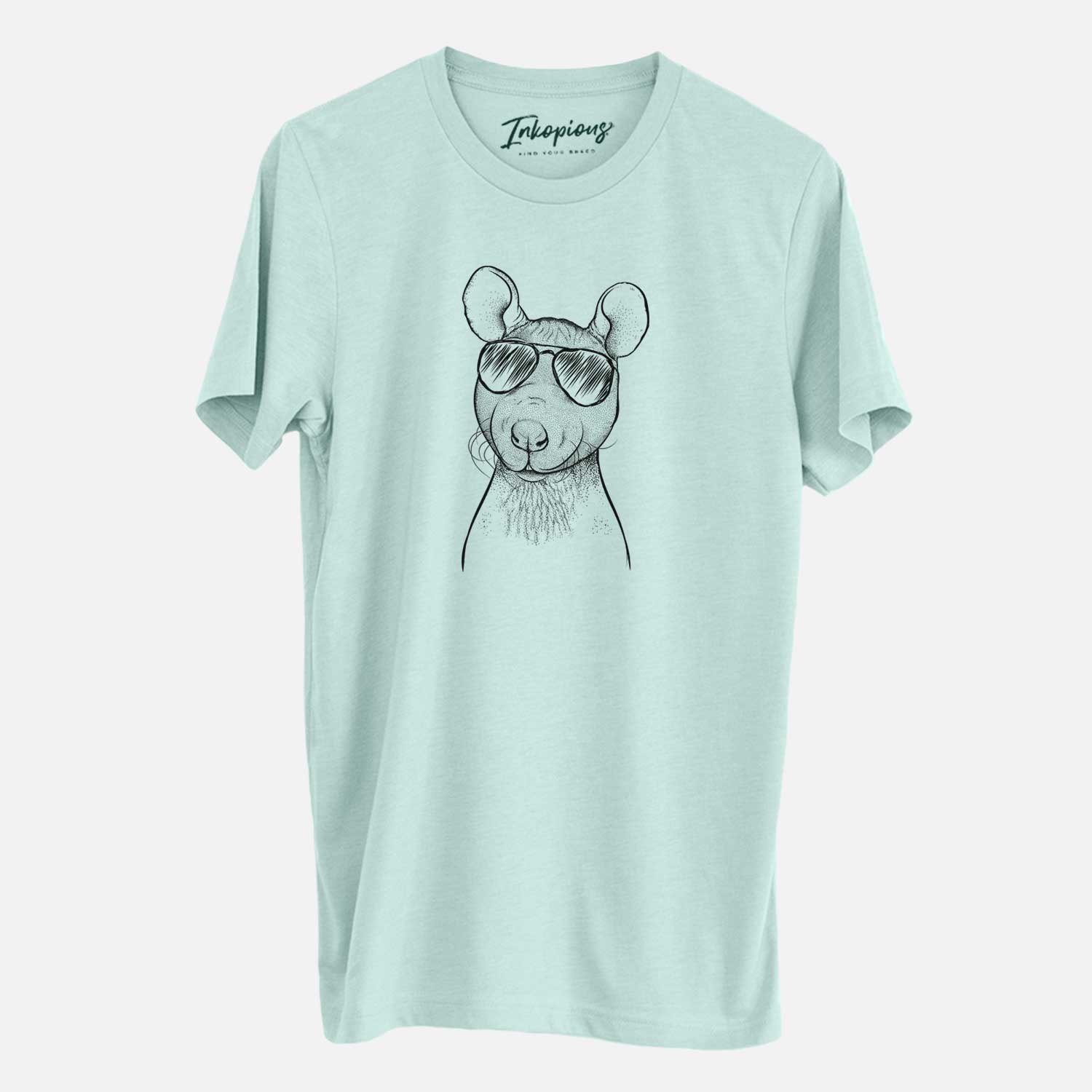 Hand-drawn sketch of Ruthie the Hairless Rat wearing aviator sunglasses on a Heather Sage Unisex crewneck