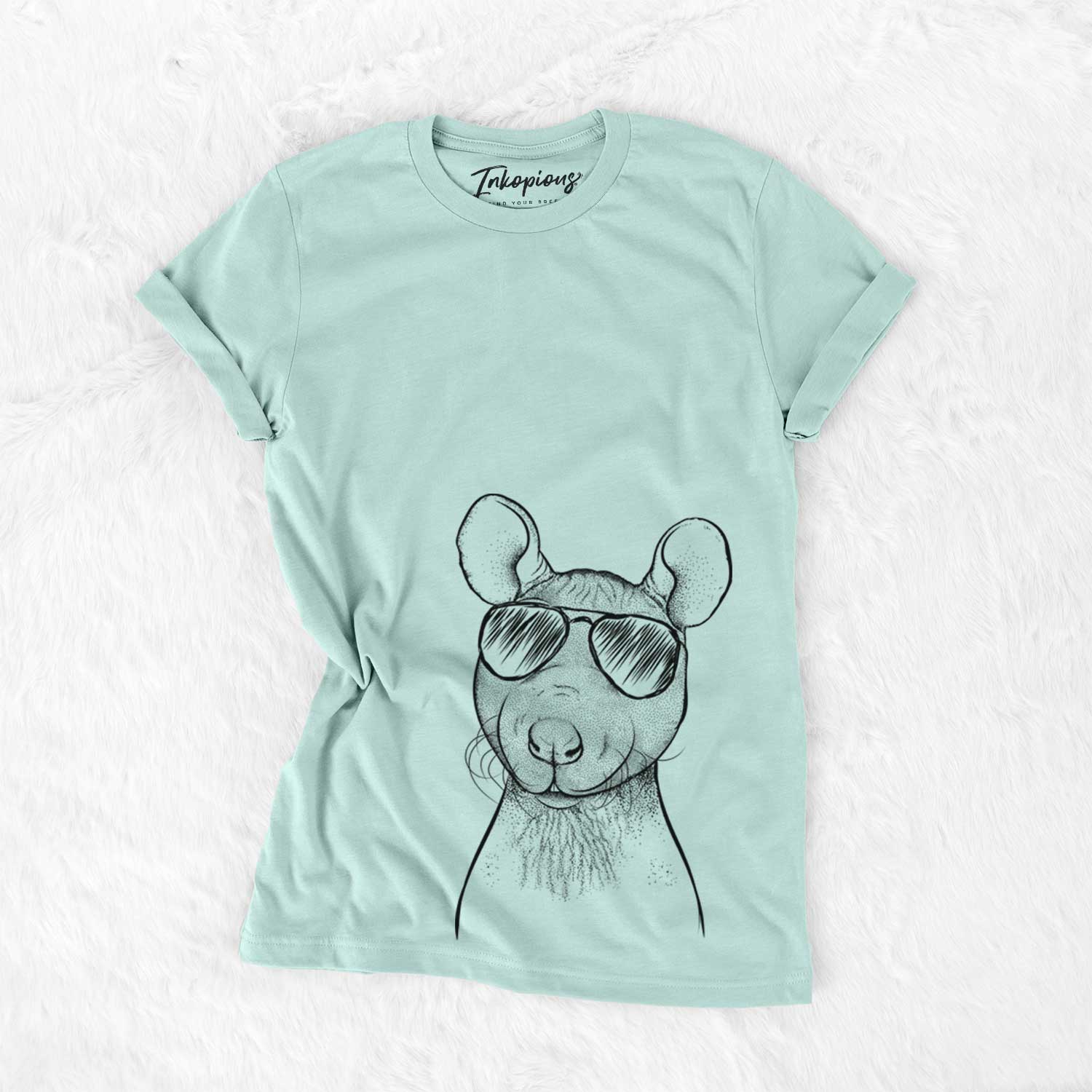 Hand-drawn sketch of Ruthie the Hairless Rat wearing aviator sunglasses on a Heather Sage Unisex crewneck
