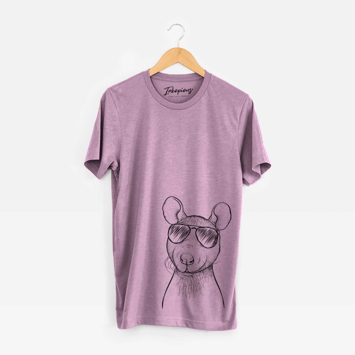 Hand-drawn sketch of Ruthie the Hairless Rat wearing aviator sunglasses on an Orchid Unisex crewneck
