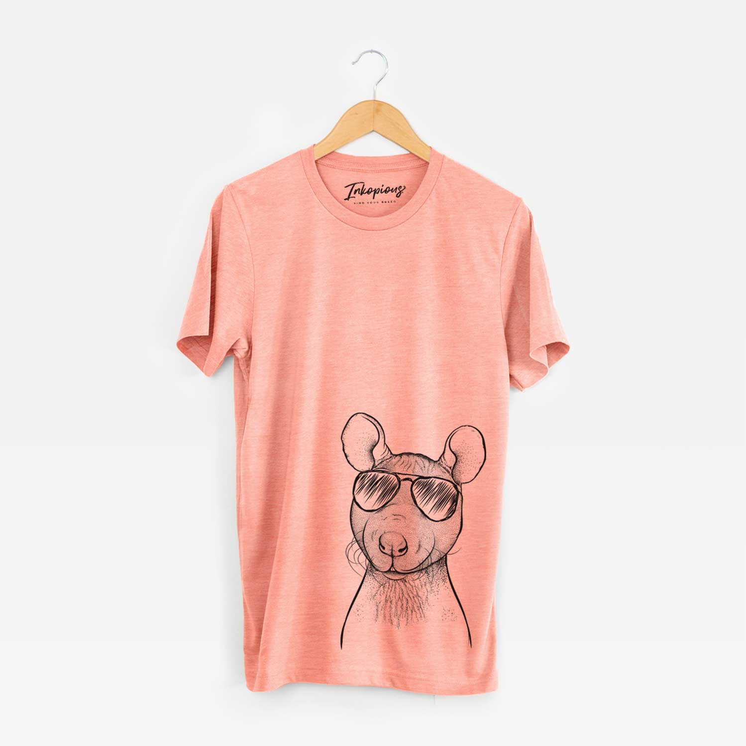 Hand-drawn sketch of Ruthie the Hairless Rat wearing aviator sunglasses on a Sunset Unisex crewneck