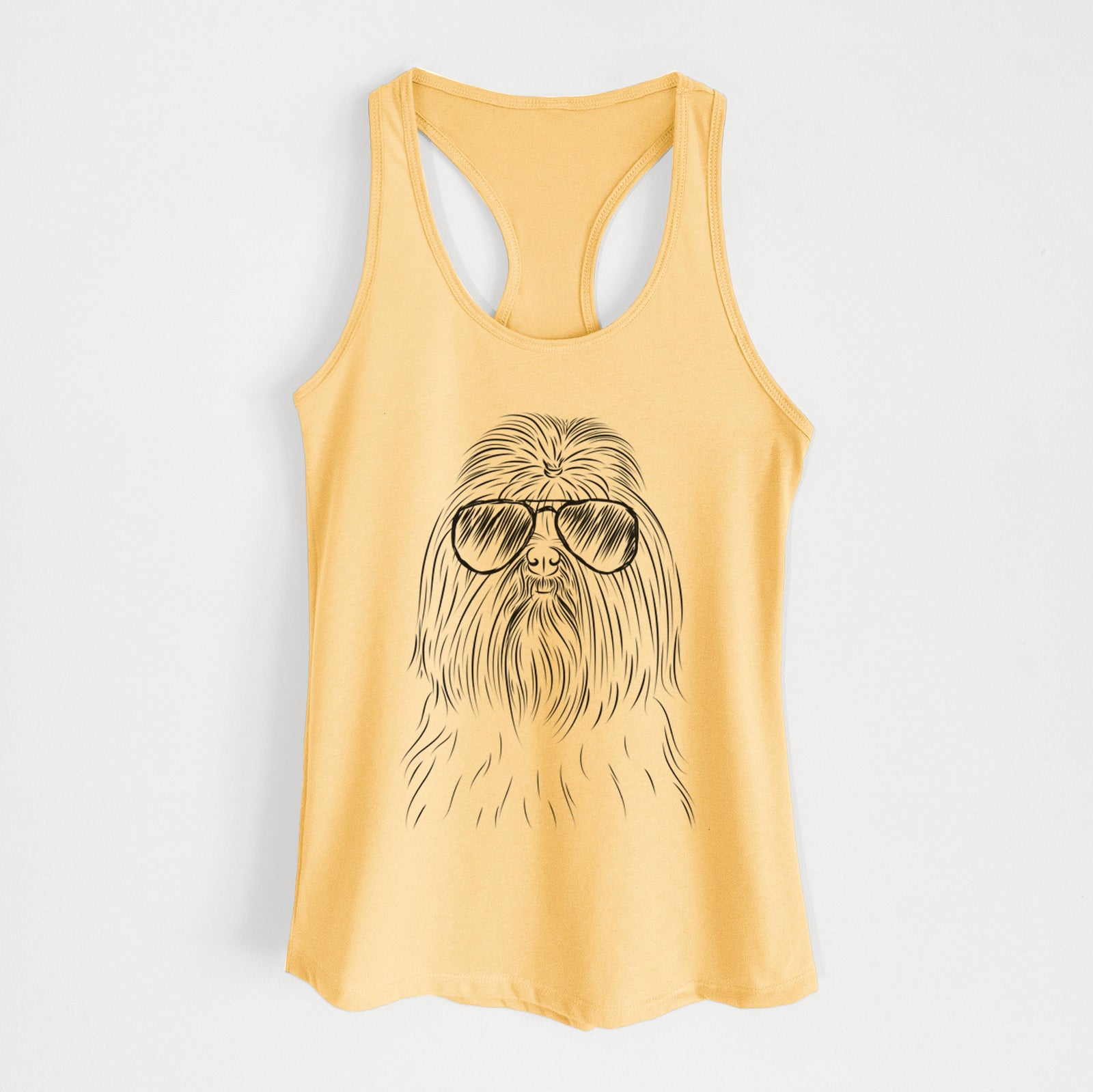 Hand-drawn sketch of Sabine the Shih Tzu wearing aviator sunglasses on a Banana Cream Women's racerback tanktop