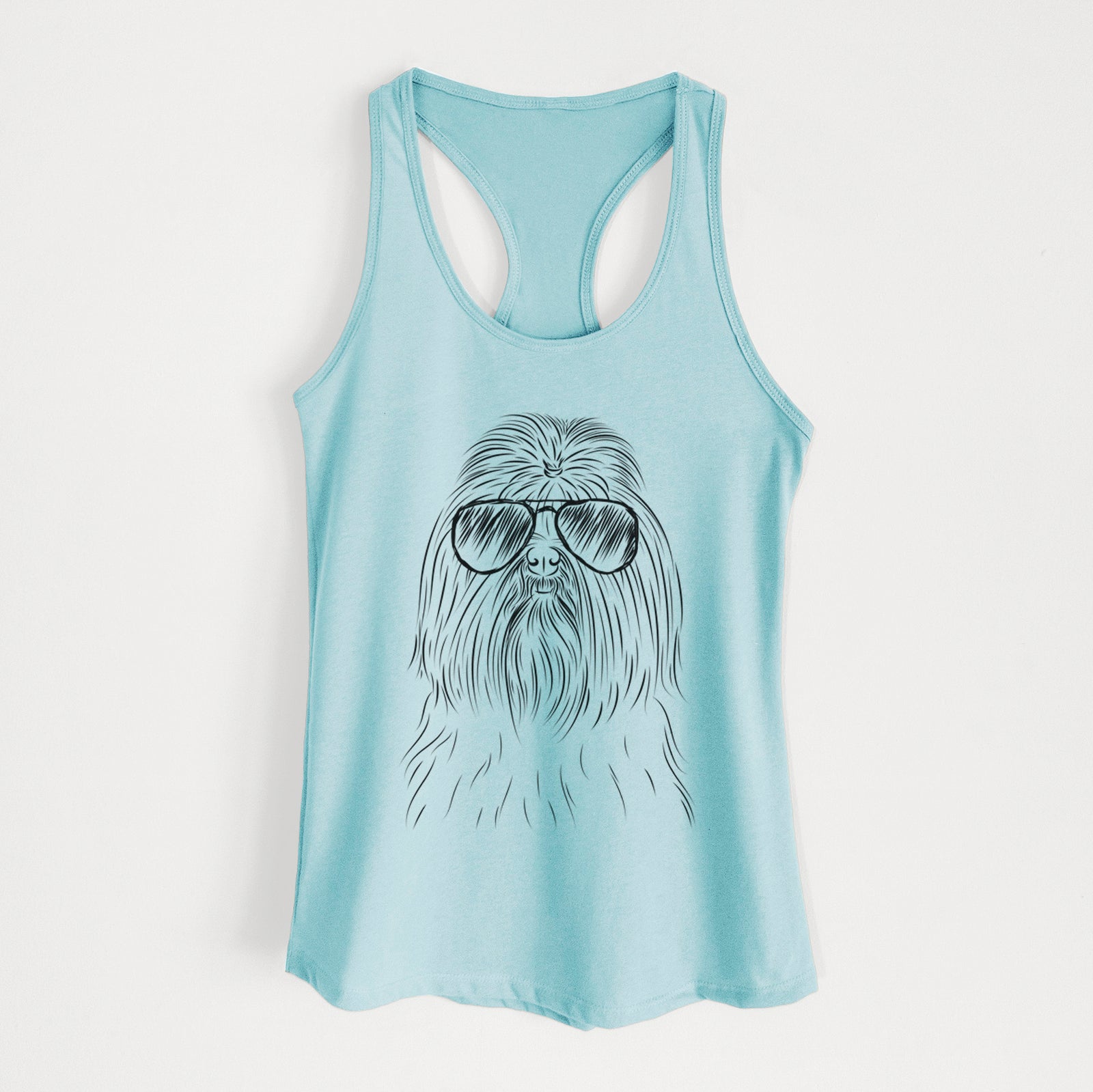 Hand-drawn sketch of Sabine the Shih Tzu wearing aviator sunglasses on a Cancun Blue Women's racerback tanktop