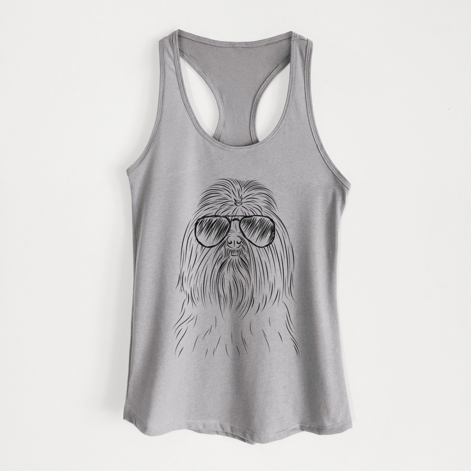 Hand-drawn sketch of Sabine the Shih Tzu wearing aviator sunglasses on a Heather Grey Women's racerback tanktop