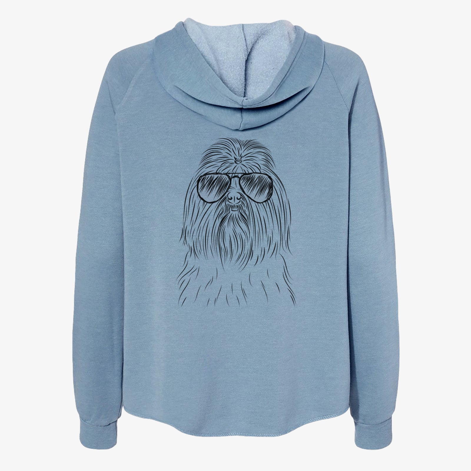 Hand-drawn sketch of Sabine the Shih Tzu wearing aviator sunglasses on a Misty Blue Women's cali wave zip-up sweatshirt