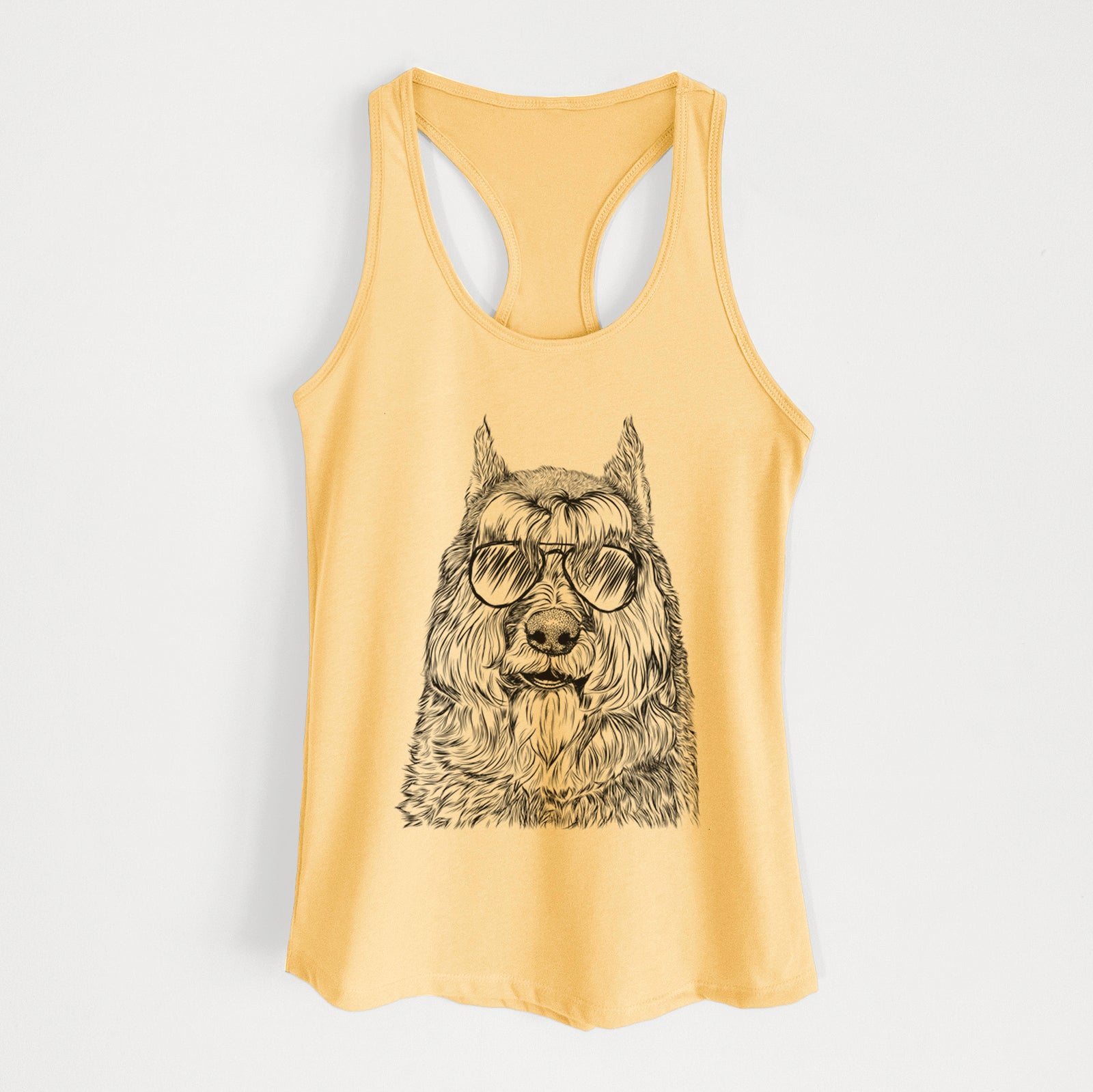 Hand-drawn sketch of Sabre the Bouvier Des Flandres wearing aviator sunglasses on a Banana Cream Women's racerback tanktop