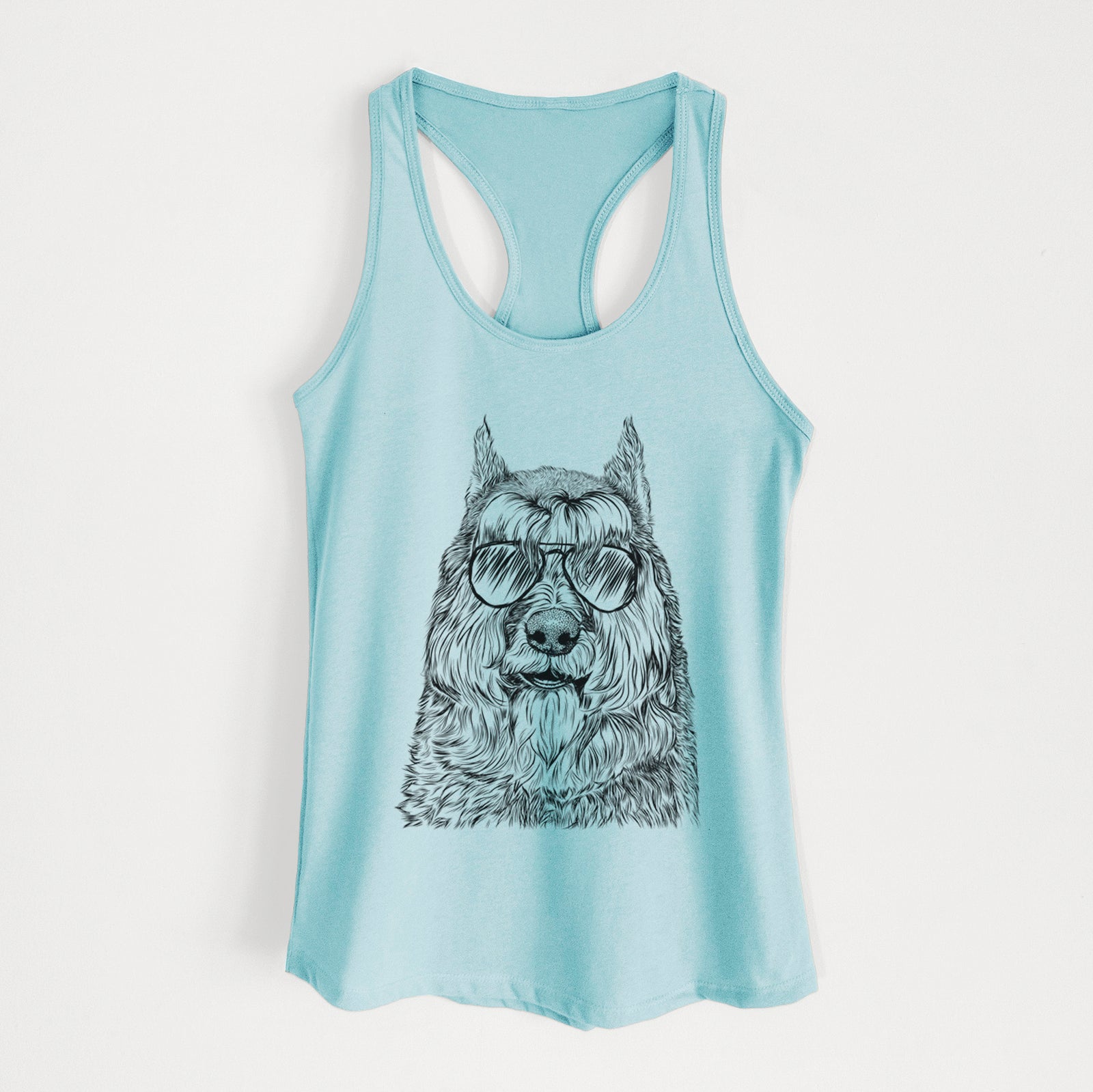 Hand-drawn sketch of Sabre the Bouvier Des Flandres wearing aviator sunglasses on a Cancun Blue Women's racerback tanktop
