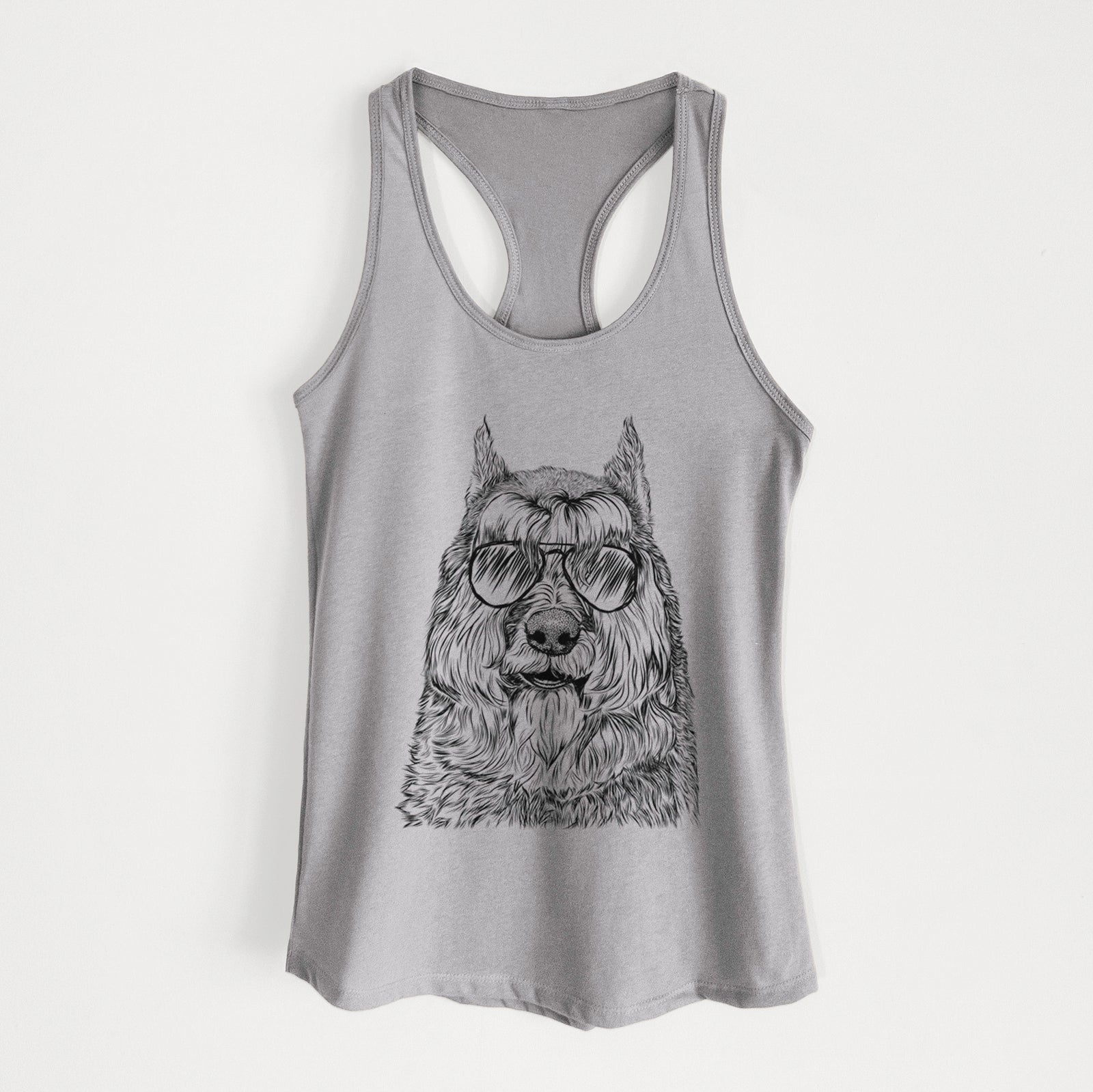 Hand-drawn sketch of Sabre the Bouvier Des Flandres wearing aviator sunglasses on a Heather Grey Women's racerback tanktop