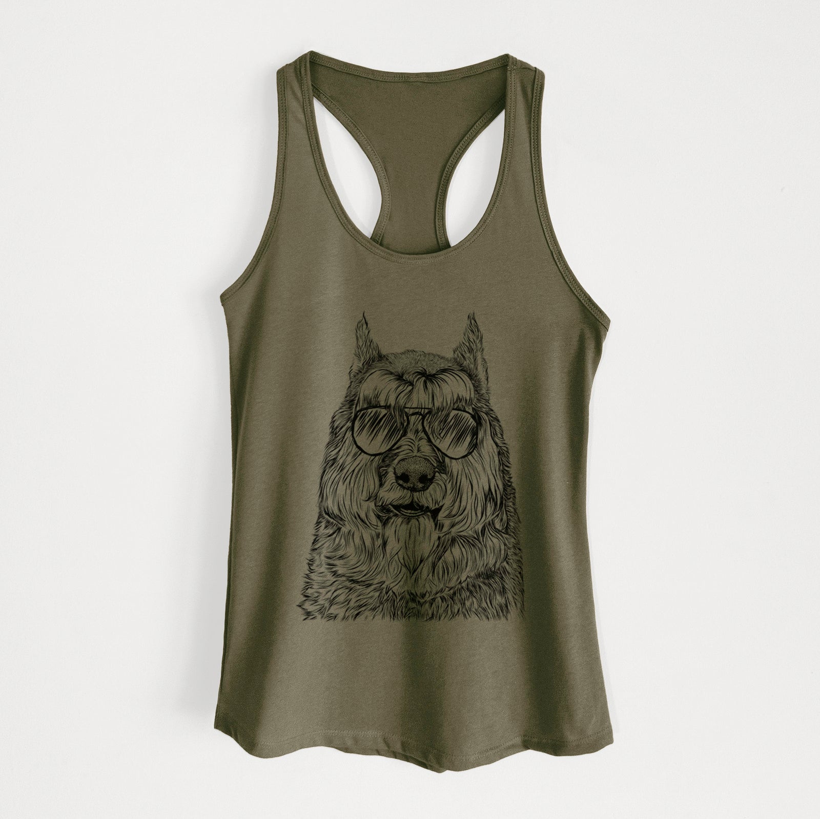Hand-drawn sketch of Sabre the Bouvier Des Flandres wearing aviator sunglasses on a Military Green Women's racerback tanktop