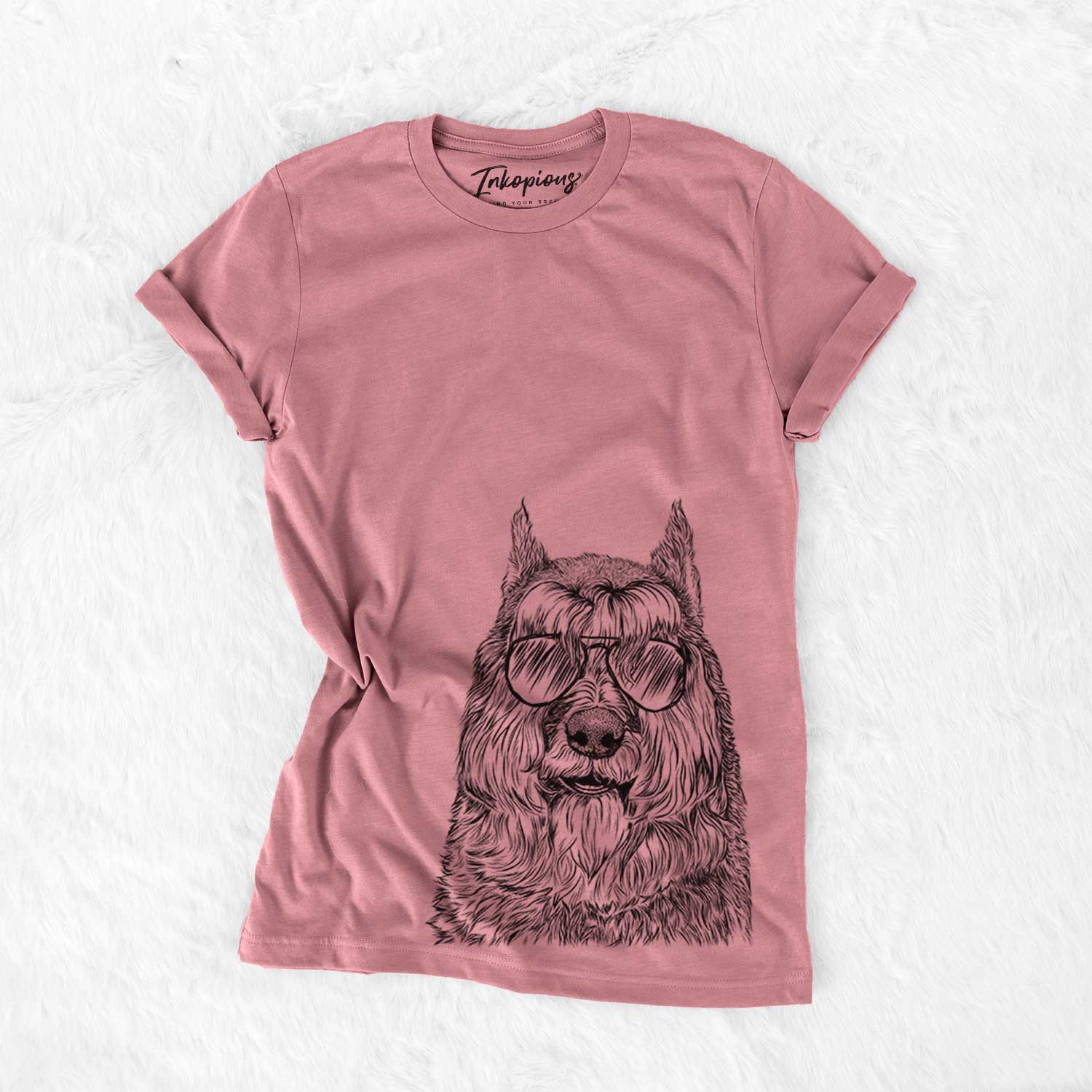 Hand-drawn sketch of Sabre the Bouvier des Flandres wearing aviator sunglasses on a Mauve Bella Canvas Unisex Crewneck