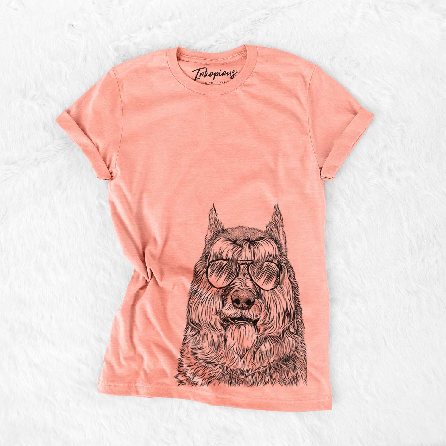 Hand-drawn sketch of Sabre the Bouvier des Flandres wearing aviator sunglasses on a Sunset Bella Canvas Unisex Crewneck