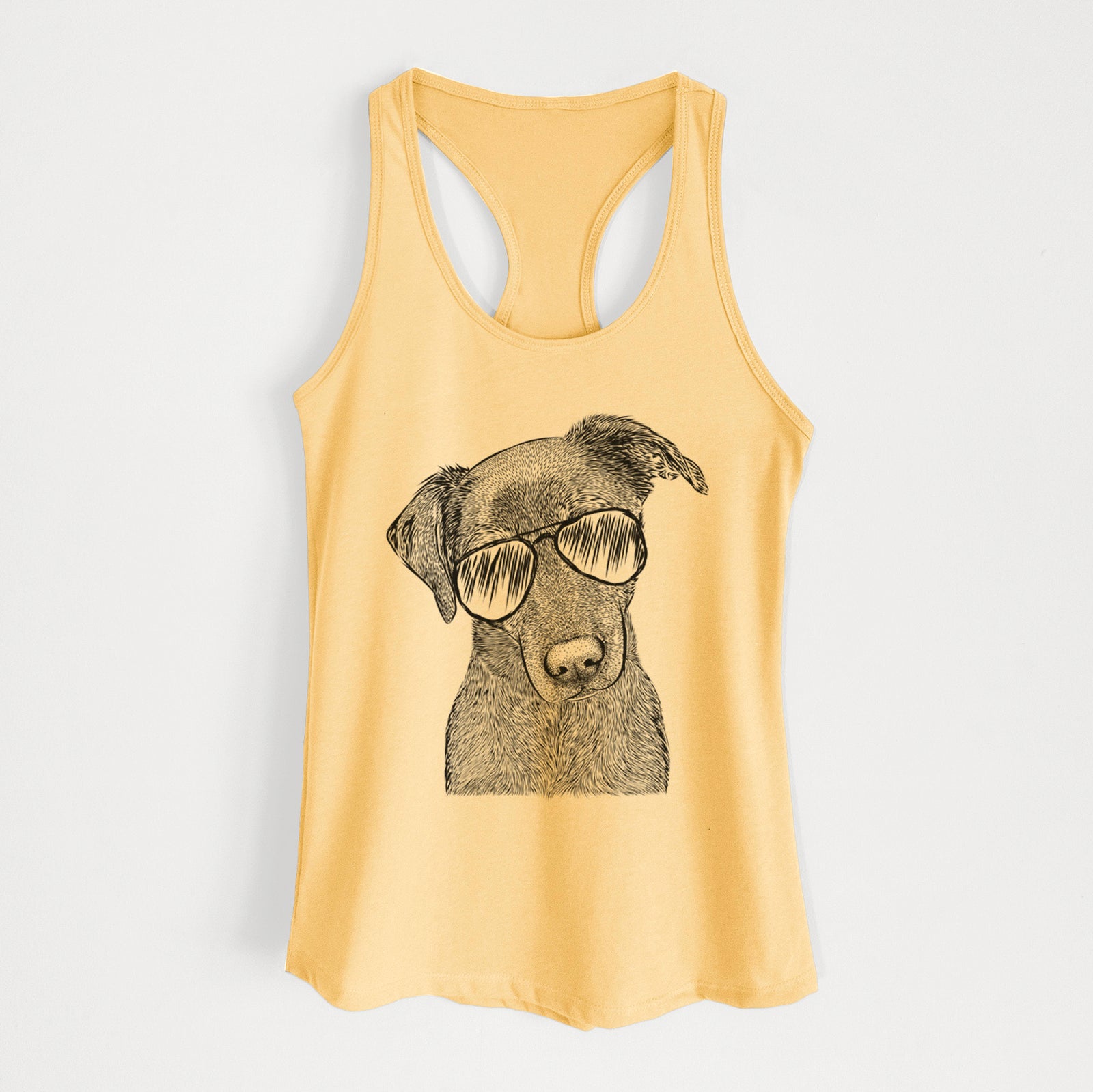 Hand-drawn sketch of Sadie the Whipador wearing aviator sunglasses on a Banana Cream Women's racerback tanktop