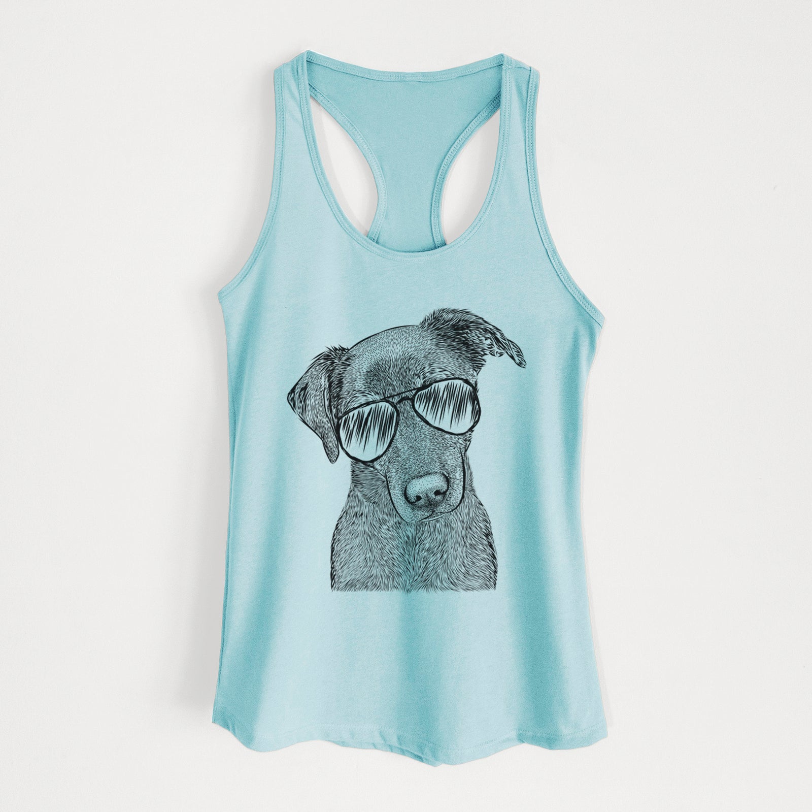 Hand-drawn sketch of Sadie the Whipador wearing aviator sunglasses on a Cancun Blue Women's racerback tanktop