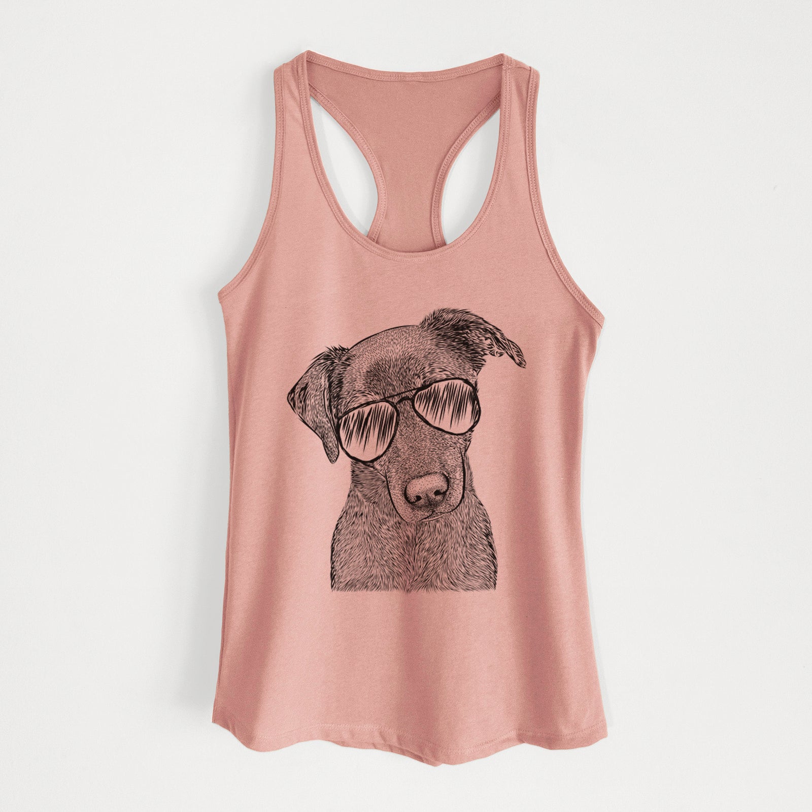 Hand-drawn sketch of Sadie the Whipador wearing aviator sunglasses on a Desert Pink Women's racerback tanktop