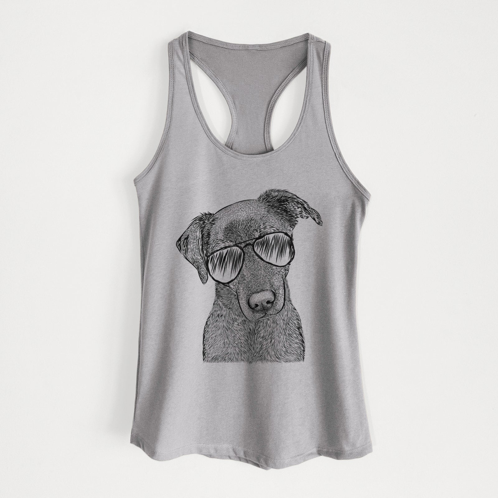 Hand-drawn sketch of Sadie the Whipador wearing aviator sunglasses on a Heather Grey Women's racerback tanktop