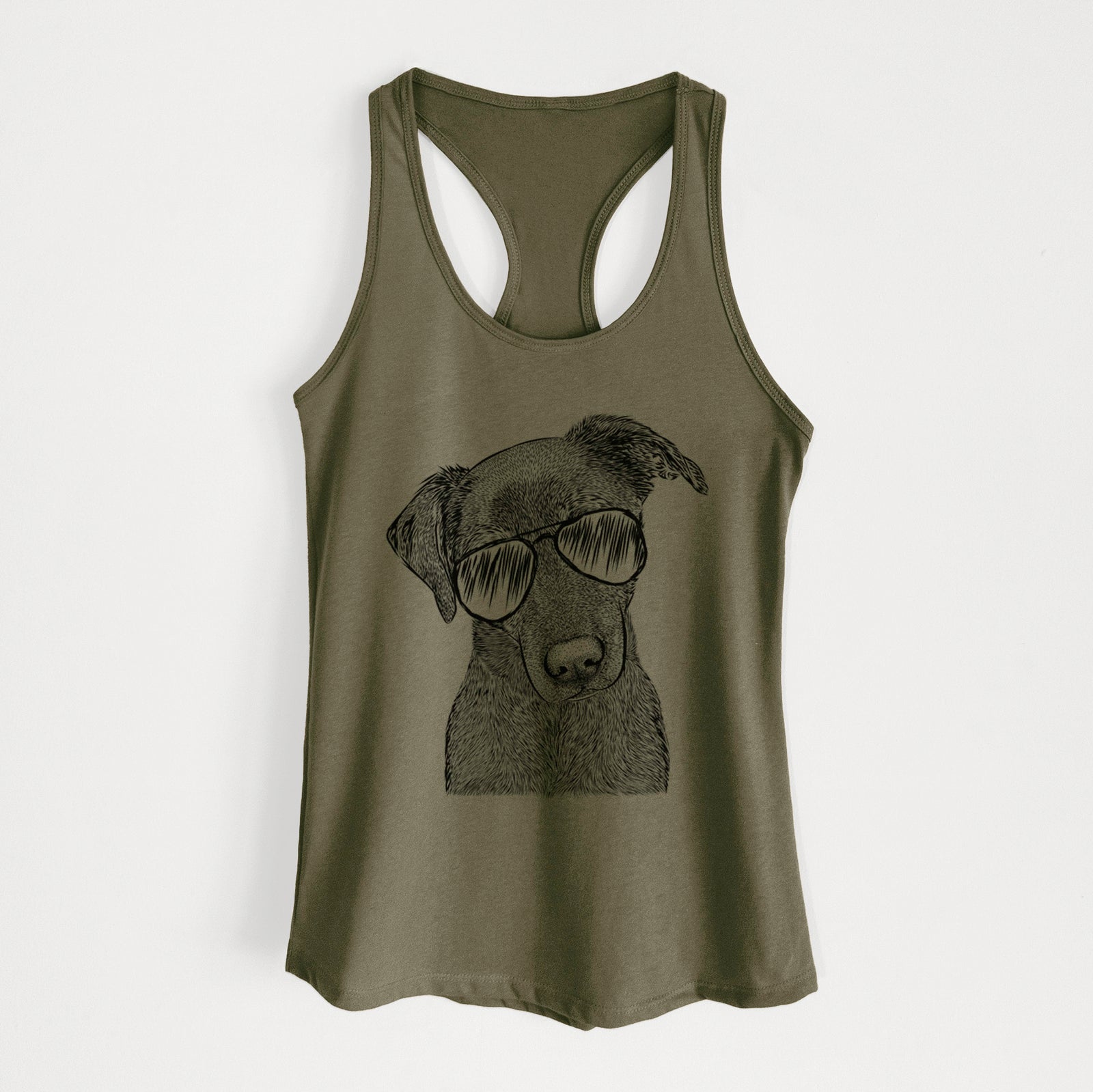 Hand-drawn sketch of Sadie the Whipador wearing aviator sunglasses on a Military Green Women's racerback tanktop