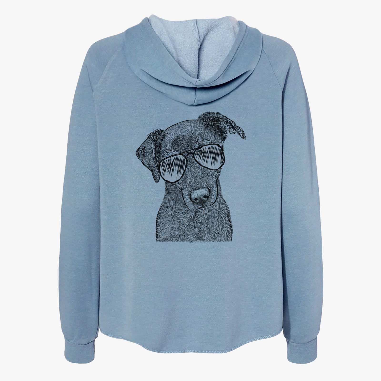 Hand-drawn sketch of Sadie the Whipador wearing aviator sunglasses on a Misty Blue Women's cali wave zip-up sweatshirt