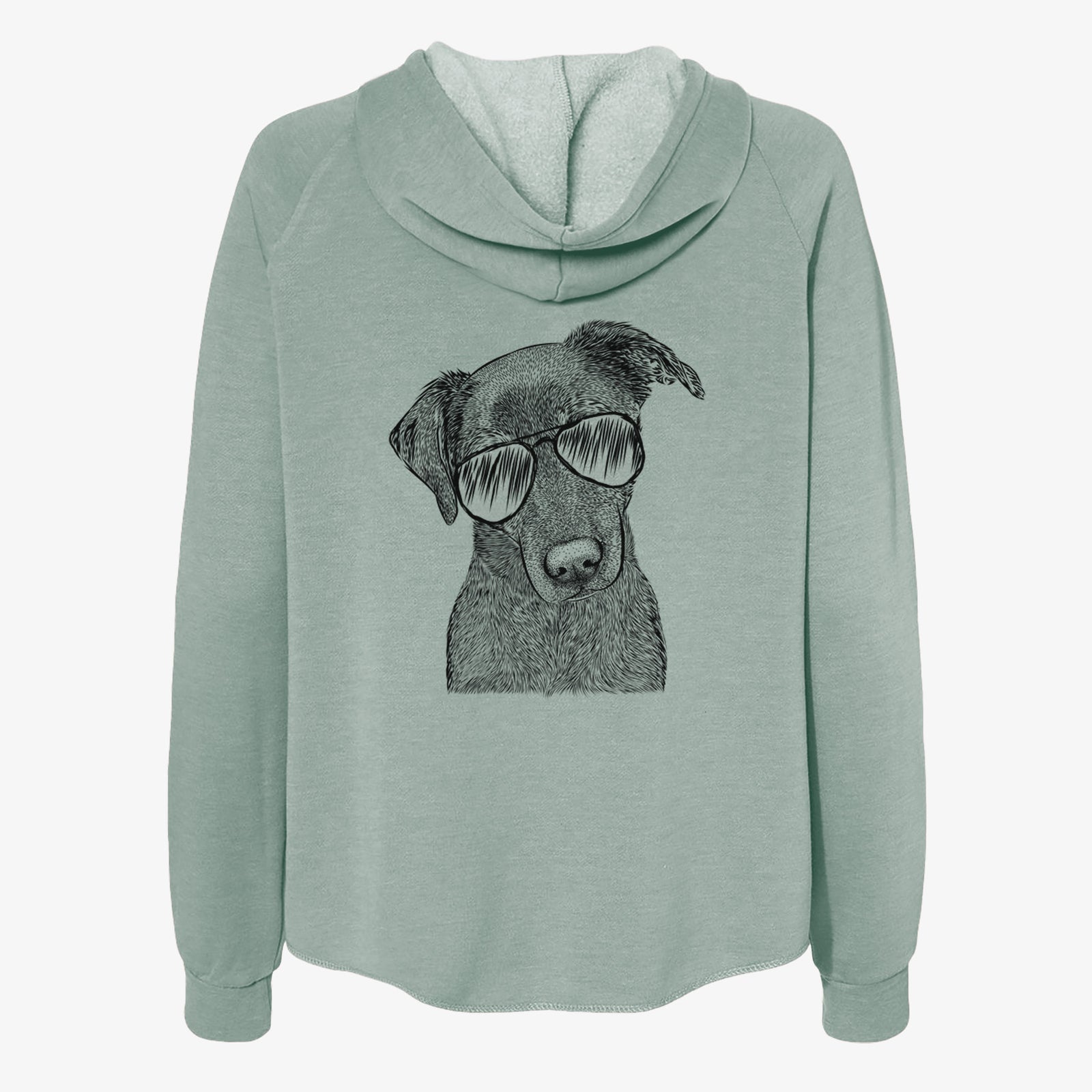 Hand-drawn sketch of Sadie the Whipador wearing aviator sunglasses on a Sage Women's cali wave zip-up sweatshirt
