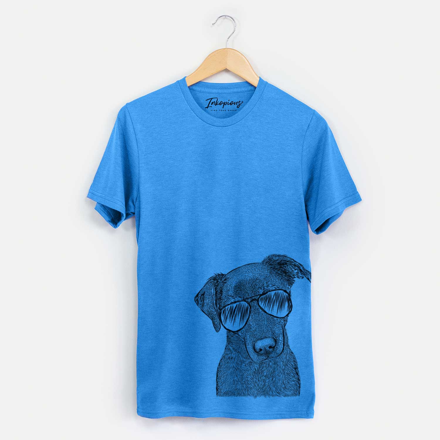 Hand-drawn sketch of Sadie the Whipador wearing aviator sunglasses on a Blue Unisex crewneck