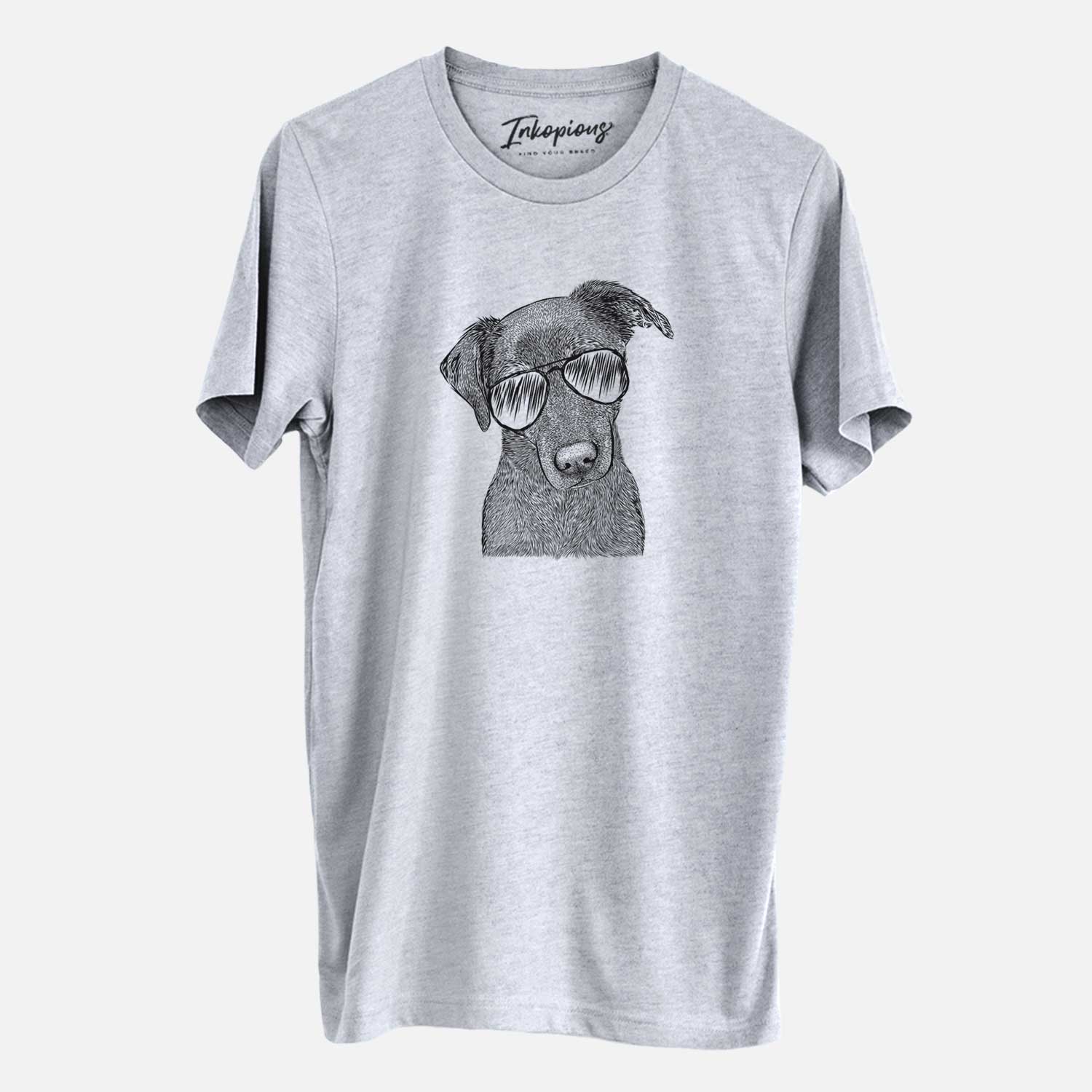 Hand-drawn sketch of Sadie the Whipador wearing aviator sunglasses on a Grey Unisex crewneck