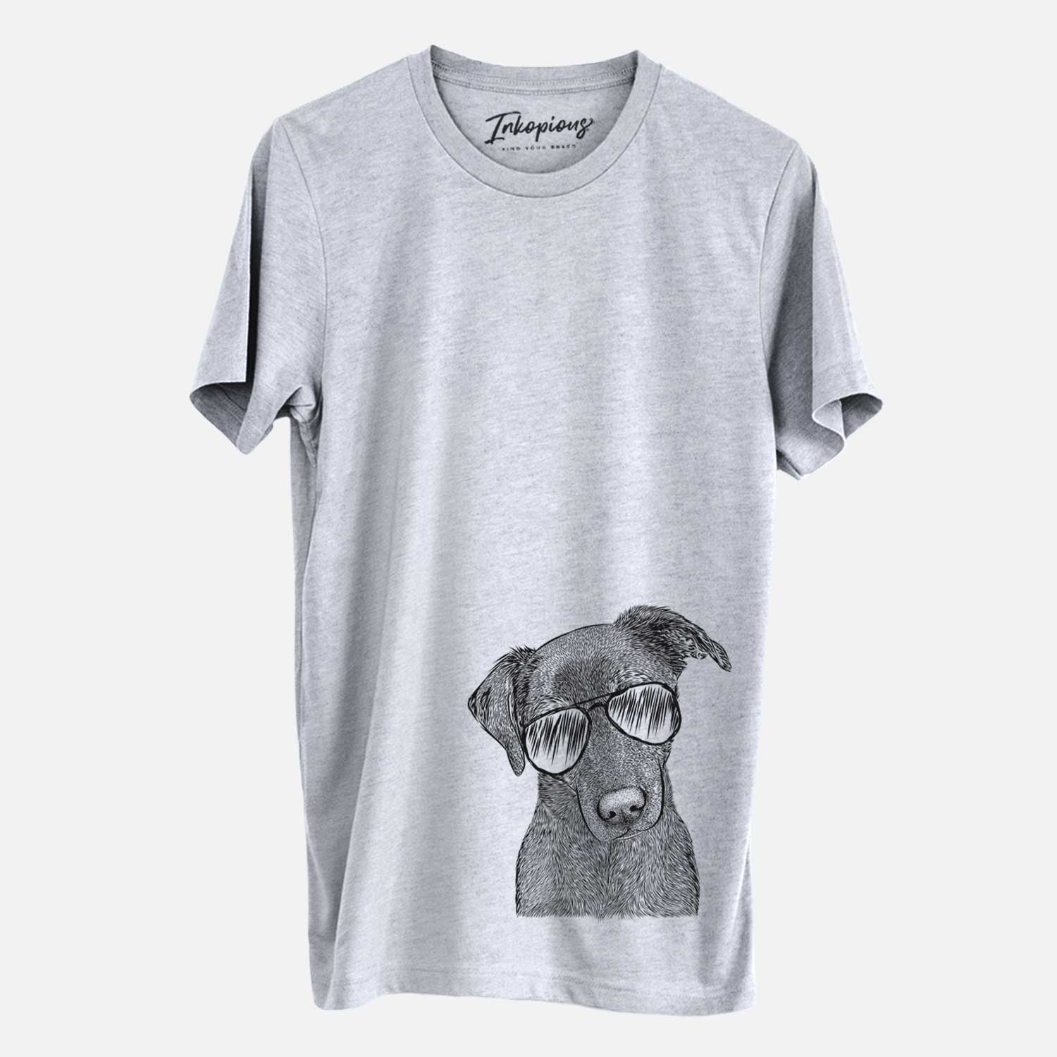 Hand-drawn sketch of Sadie the Whipador wearing aviator sunglasses on a Grey Unisex crewneck
