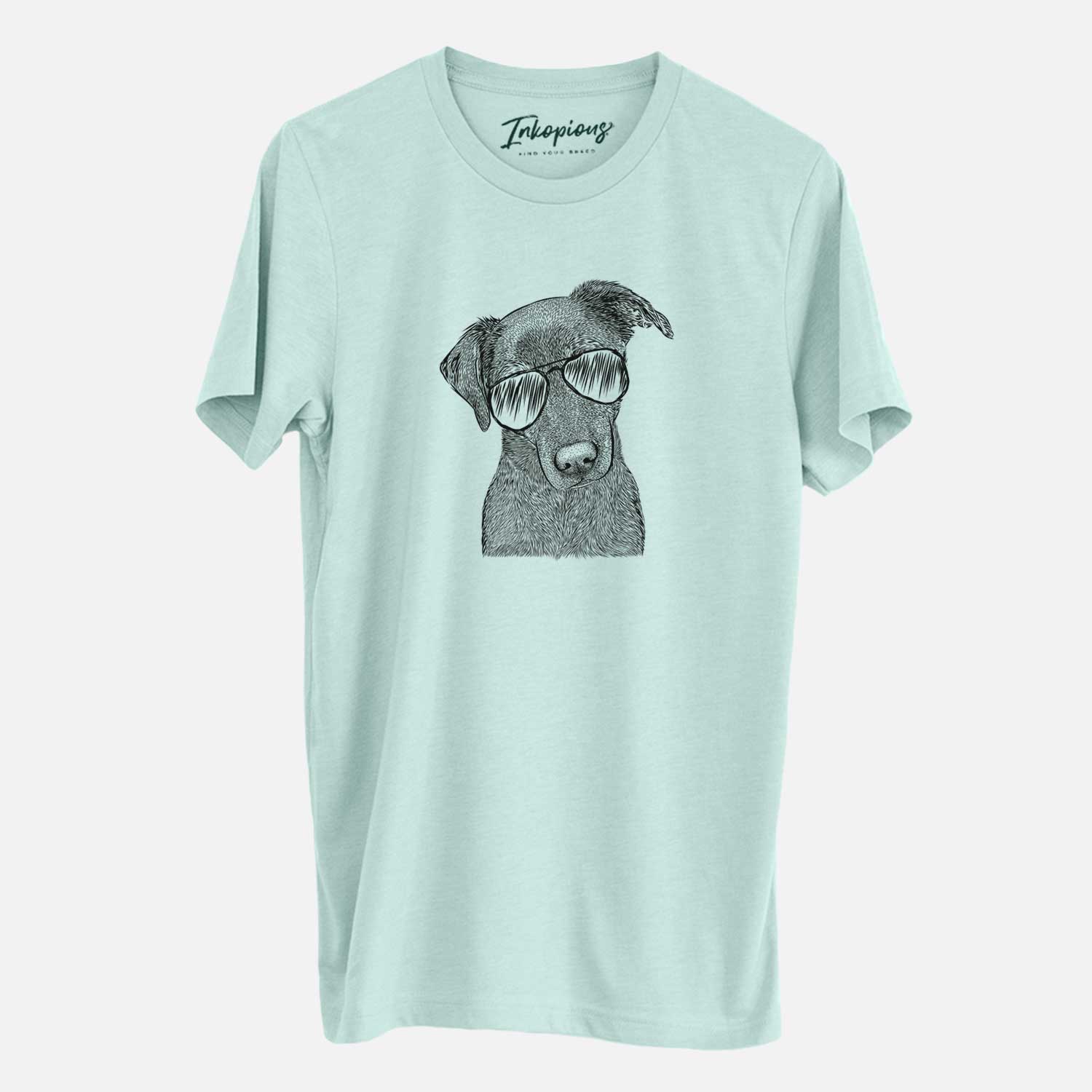 Hand-drawn sketch of Sadie the Whipador wearing aviator sunglasses on a Heather Sage Unisex crewneck