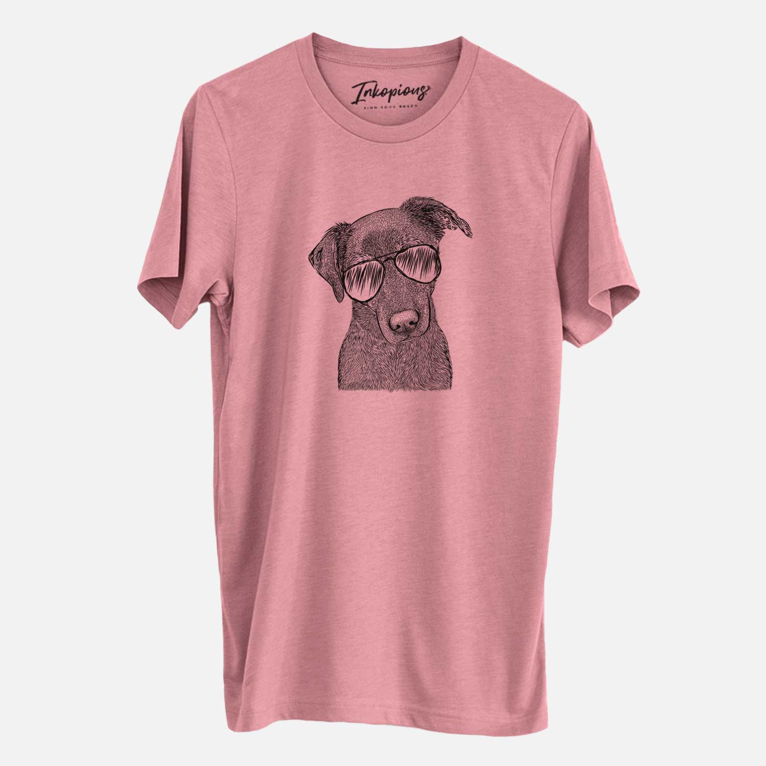 Hand-drawn sketch of Sadie the Whipador wearing aviator sunglasses on a Mauve Unisex crewneck